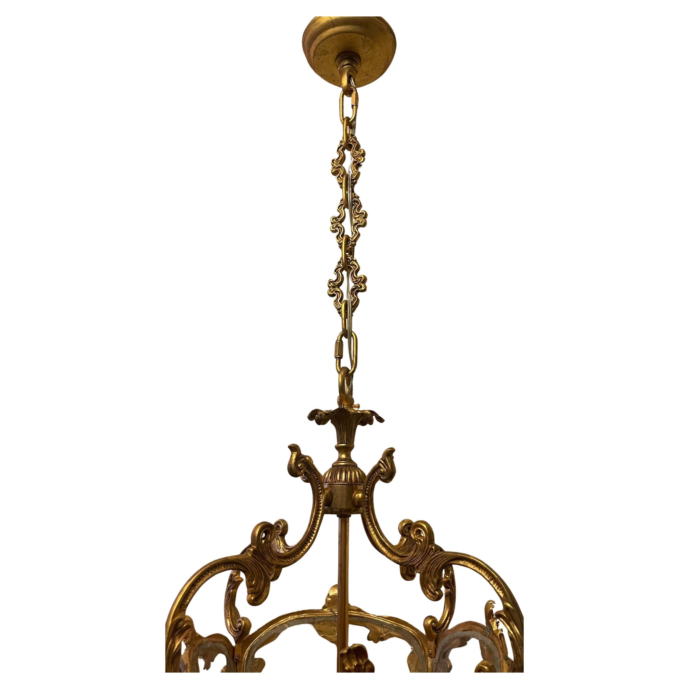 Wonderful Vintage Dore Bronze Louis XVI Large Lantern Pendent Light Fixture In Good Condition In Roslyn, NY