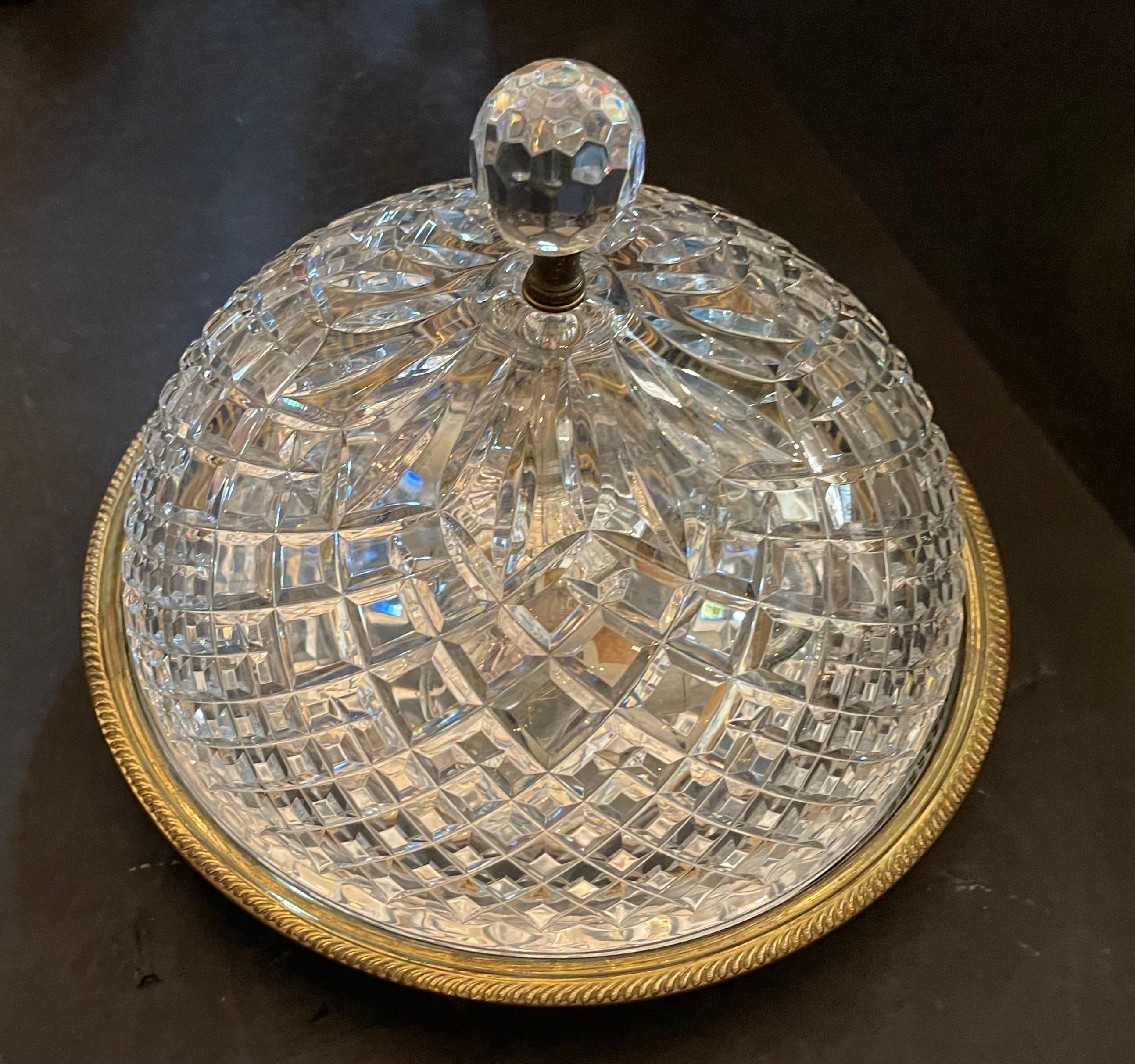 A Wonderful Vintage Elegant Waterford Crystal And Brass Flush Mount Large Ceiling Fixture With Two Candelabra Lights
Ready To Install