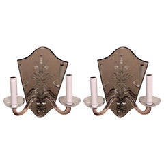 Wonderful Vintage Etched Mirror Back Crystal Shield Back Two-Light Sconces, Pair
