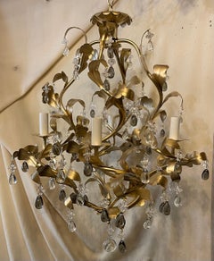 Wonderful Vintage Four Light Leaf Foliage Smoked Crystal Glass Tole Chandelier