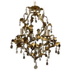 Wonderful Vintage Four Light Leaf Foliage Smoked Crystal Glass Tole Chandelier