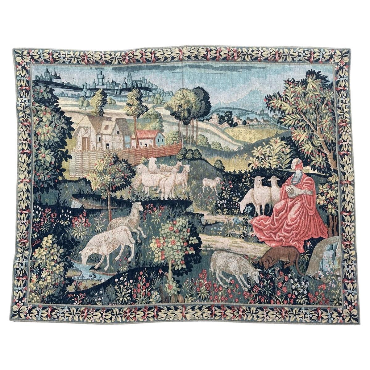 Maravilloso Tapiz Vintage Francés Estilo Aubusson Impreso a Mano " concierto campestre" en venta