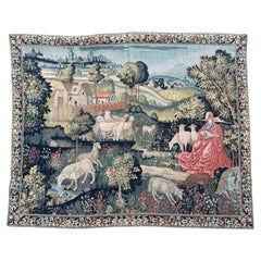 Meraviglioso arazzo francese vintage in stile Aubusson stampato a mano "concerto di campagna".