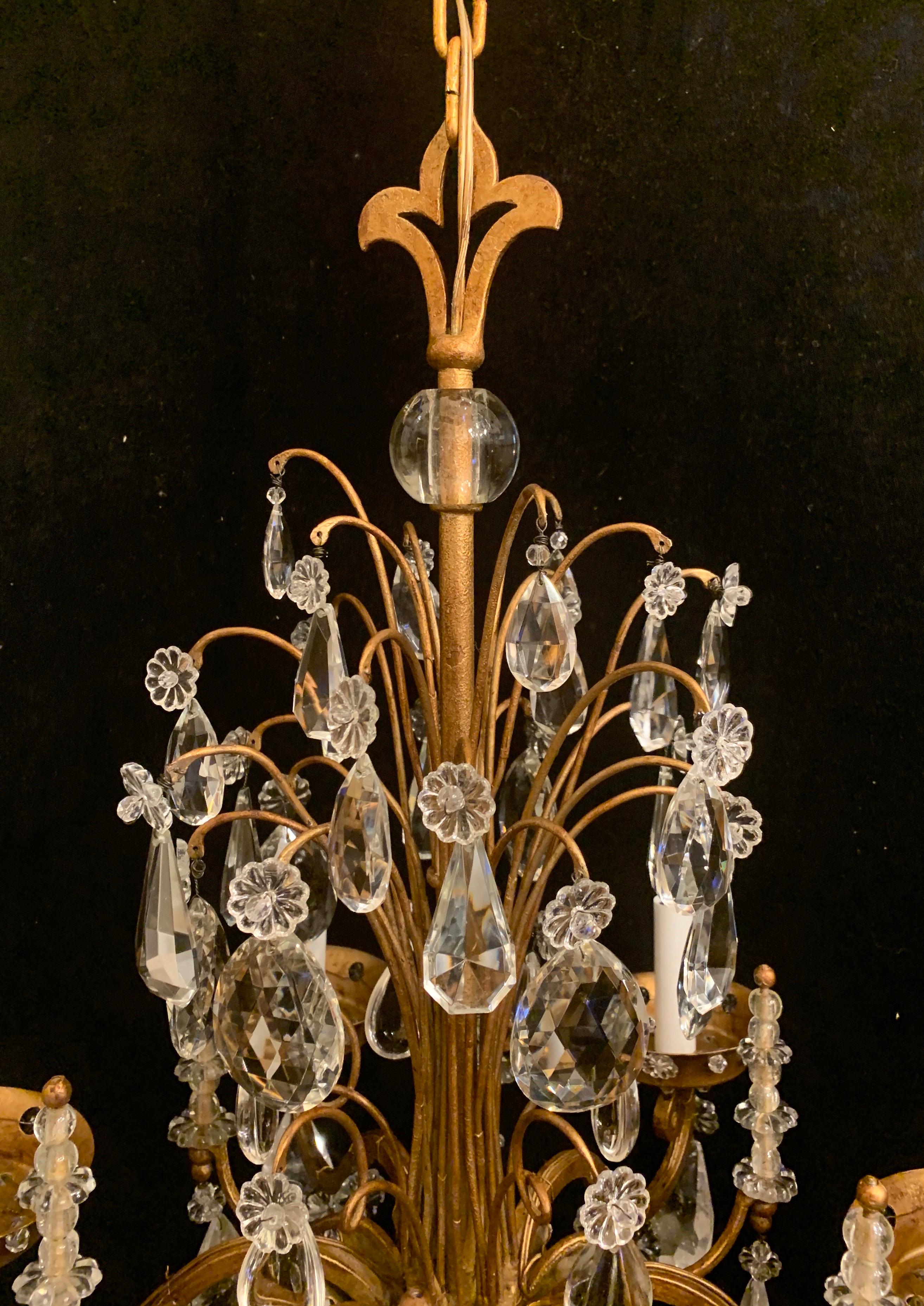 A wonderful vintage French crystal beaded Baguès rock crystal gold gilt 6 candelabra light chandelier.