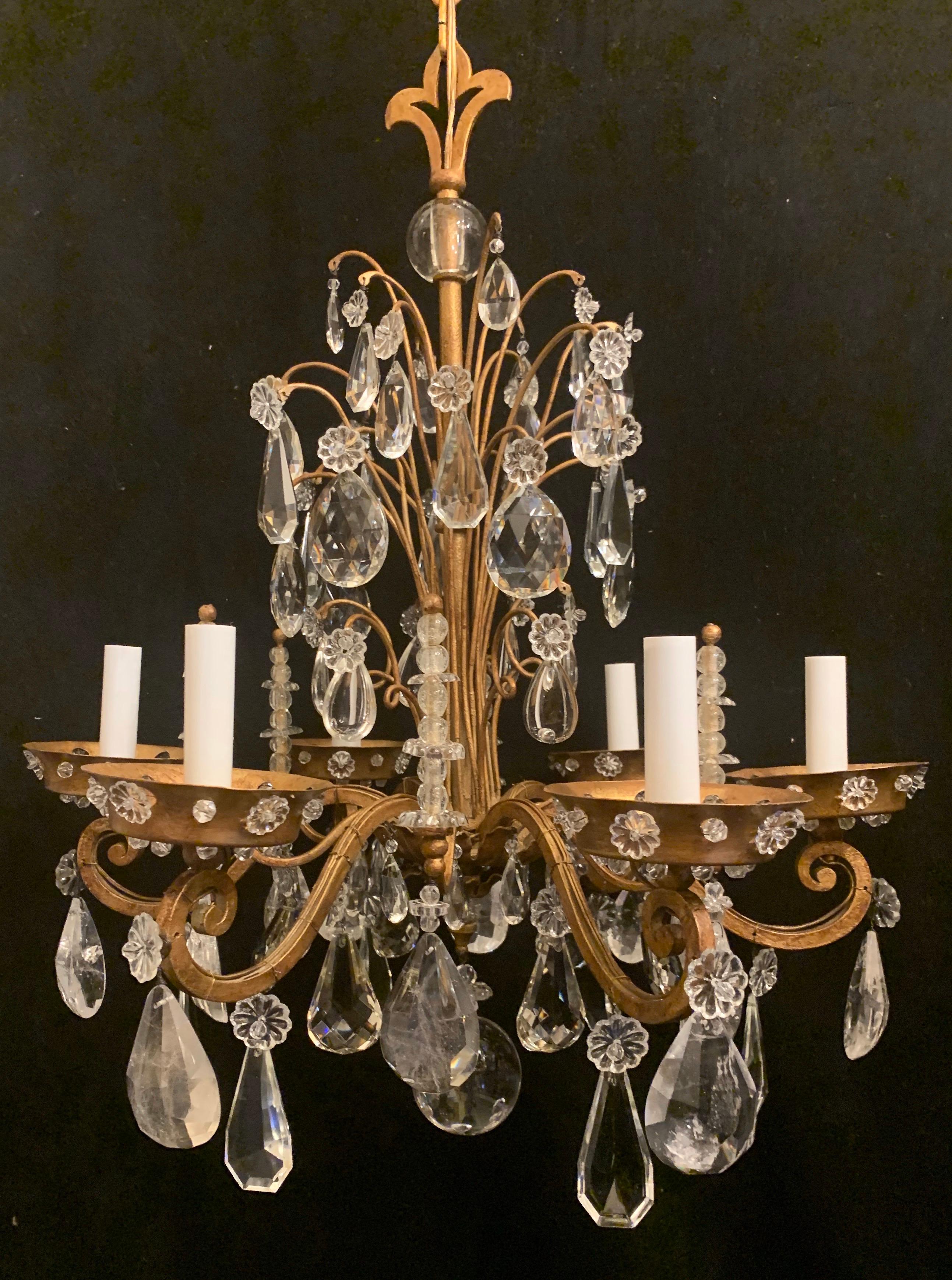 Mid-Century Modern Wonderful Vintage French Crystal Beaded Baguès Rock Crystal Gold Gilt Chandelier For Sale