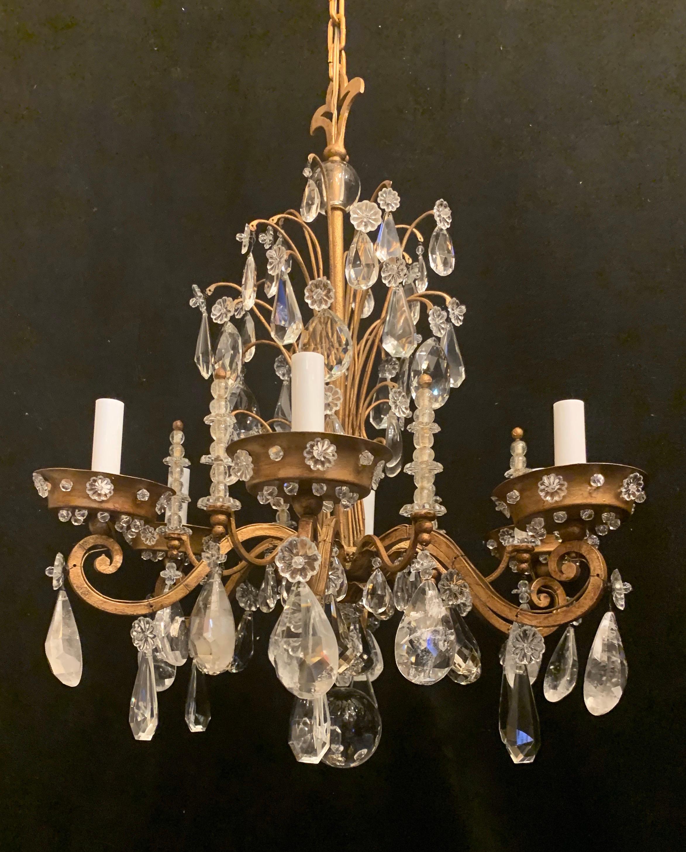 Wonderful Vintage French Crystal Beaded Baguès Rock Crystal Gold Gilt Chandelier In Good Condition For Sale In Roslyn, NY