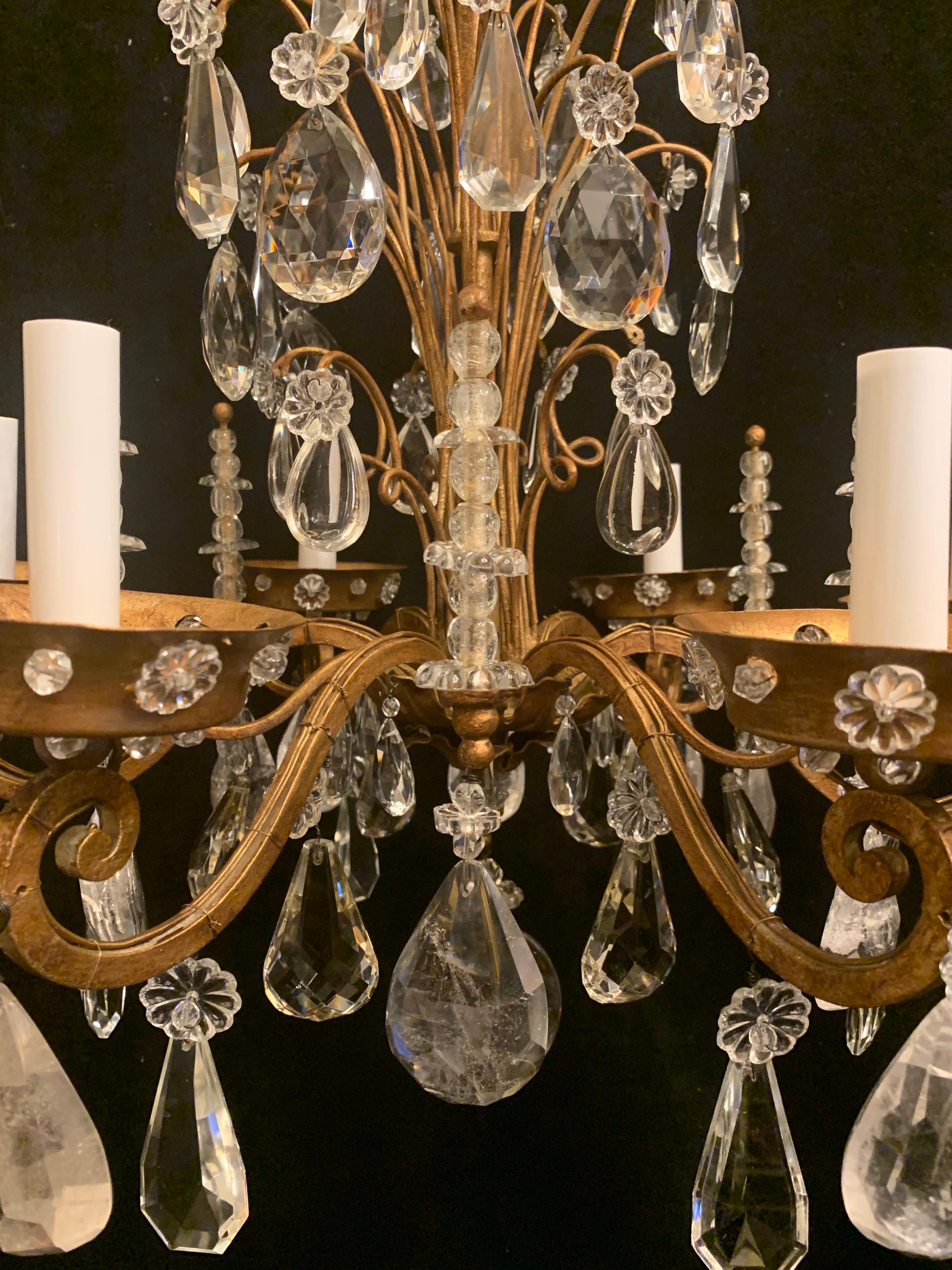 20th Century Wonderful Vintage French Crystal Beaded Baguès Rock Crystal Gold Gilt Chandelier For Sale