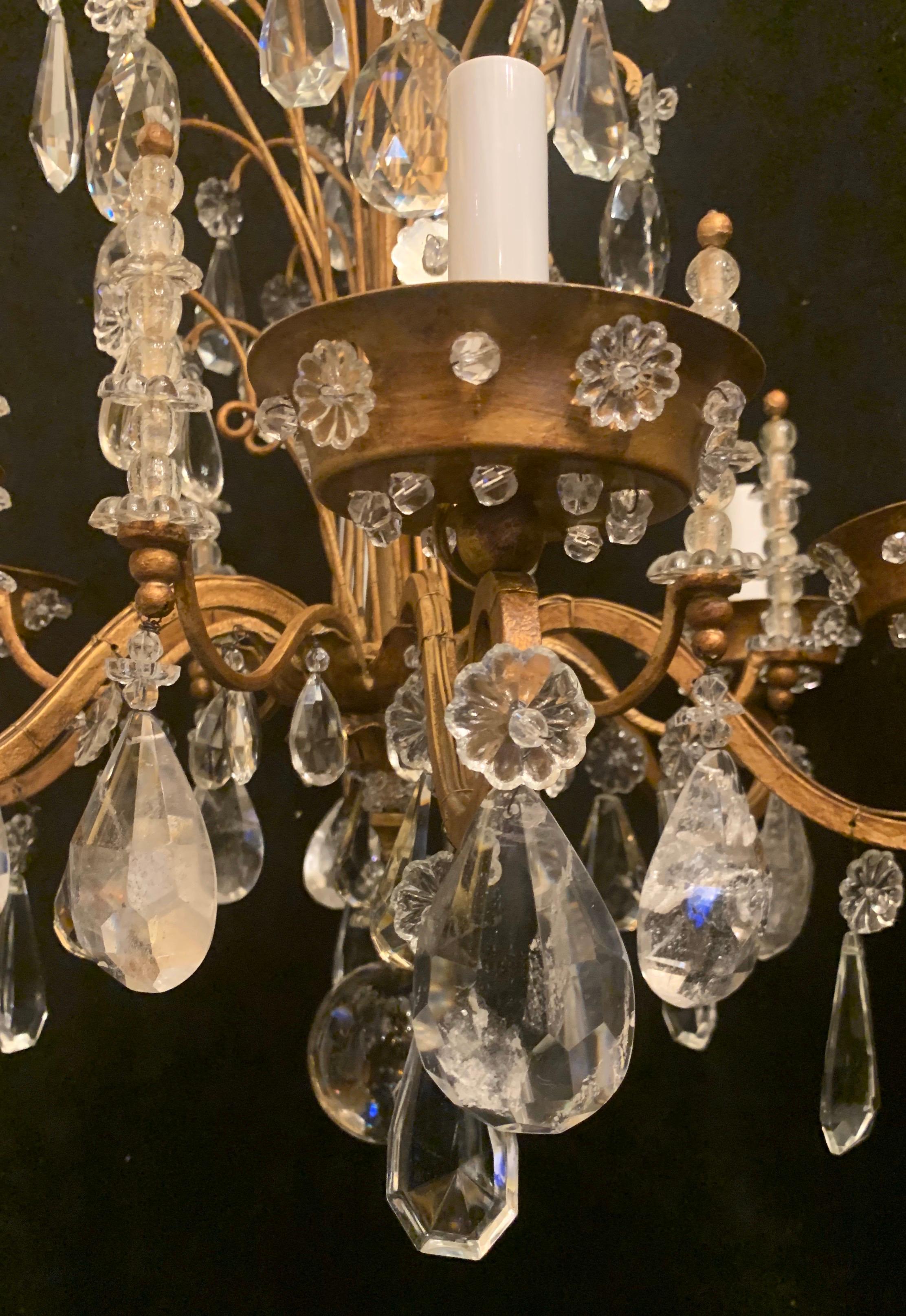 Wonderful Vintage French Crystal Beaded Baguès Rock Crystal Gold Gilt Chandelier For Sale 1