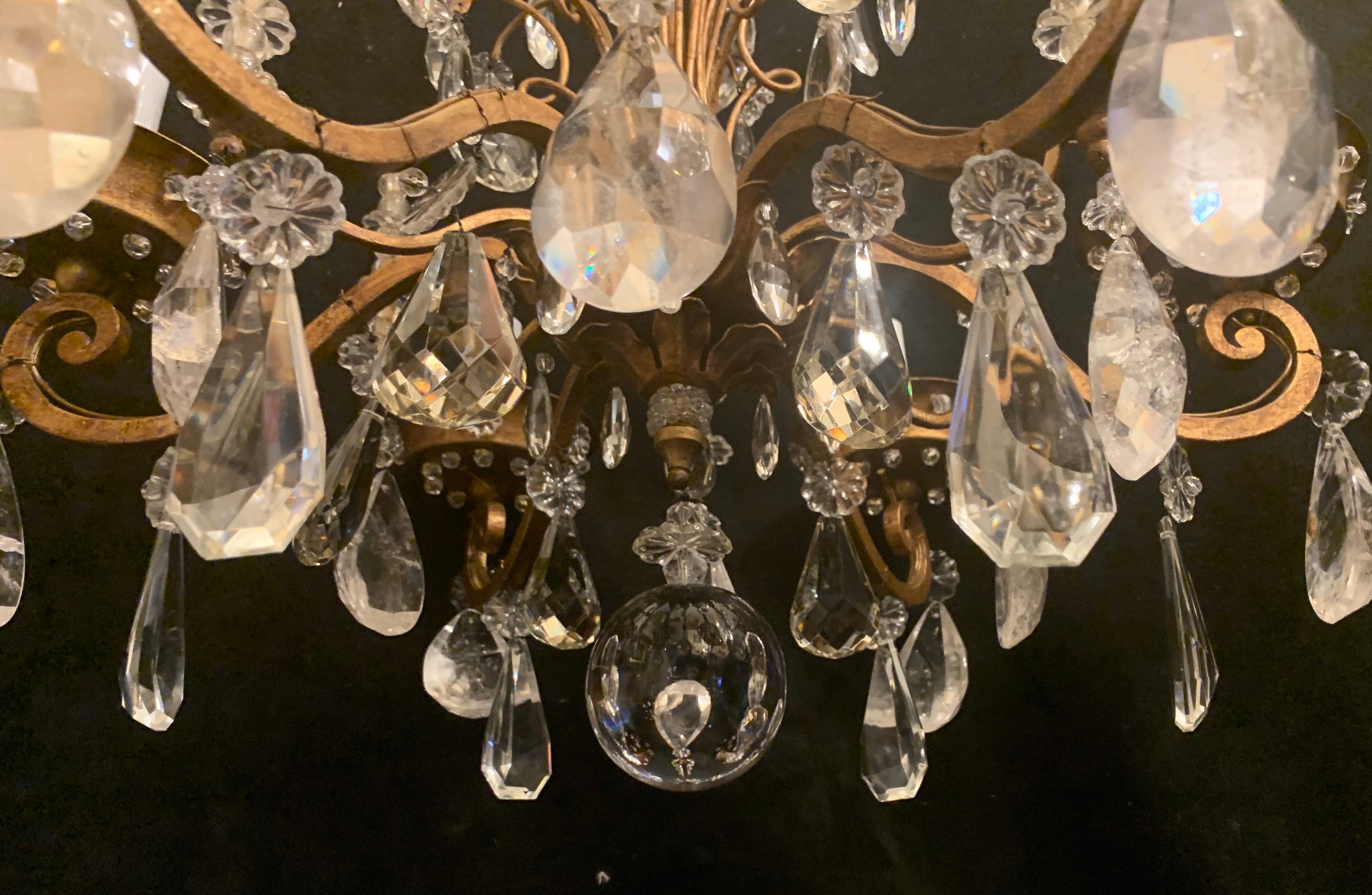 Wonderful Vintage French Crystal Beaded Baguès Rock Crystal Gold Gilt Chandelier For Sale 2