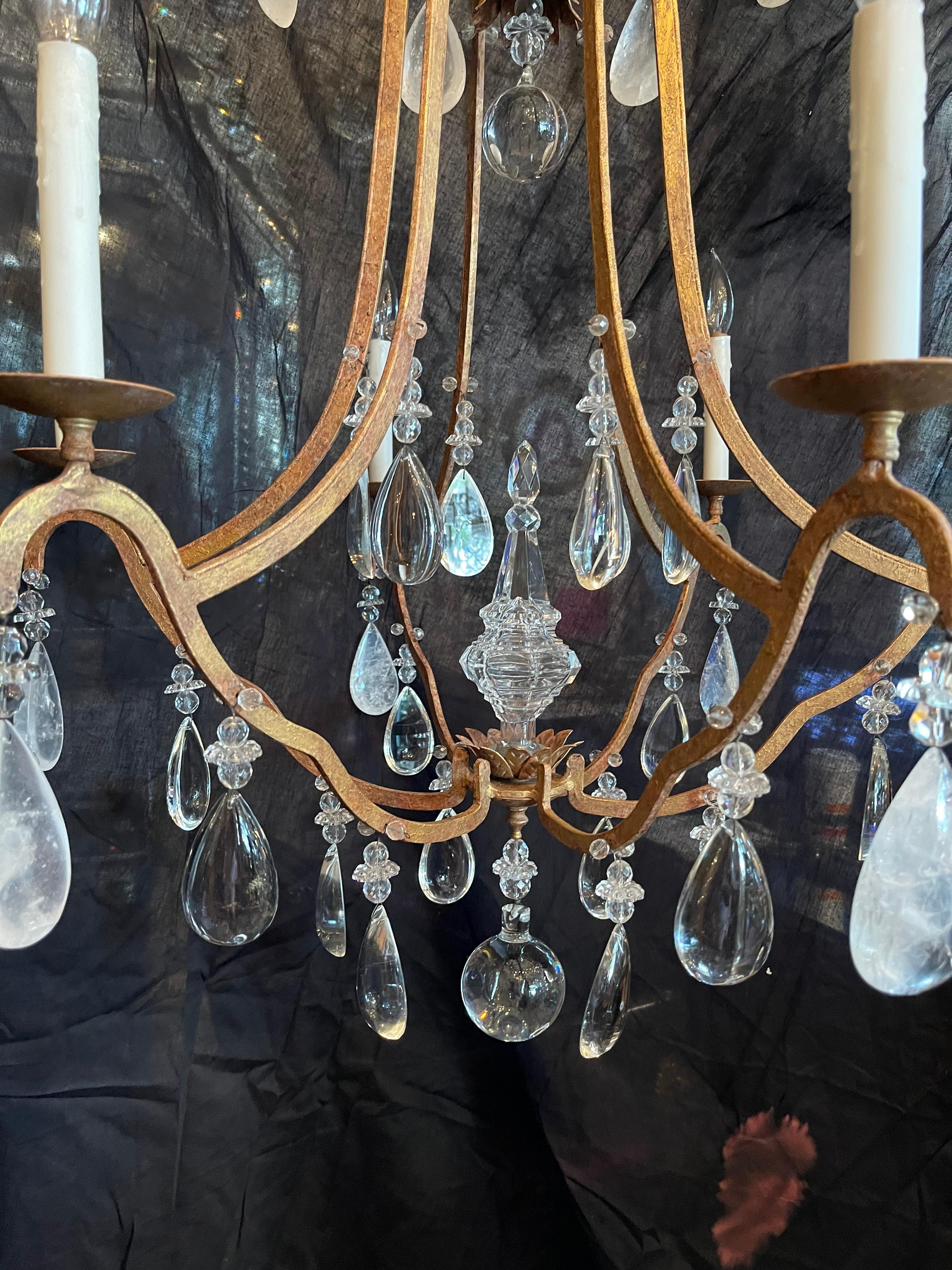 A wonderful large vintage french gold gilt & rock crystal Bagues / Jansen style chandelier 6 candelabra light fixture.