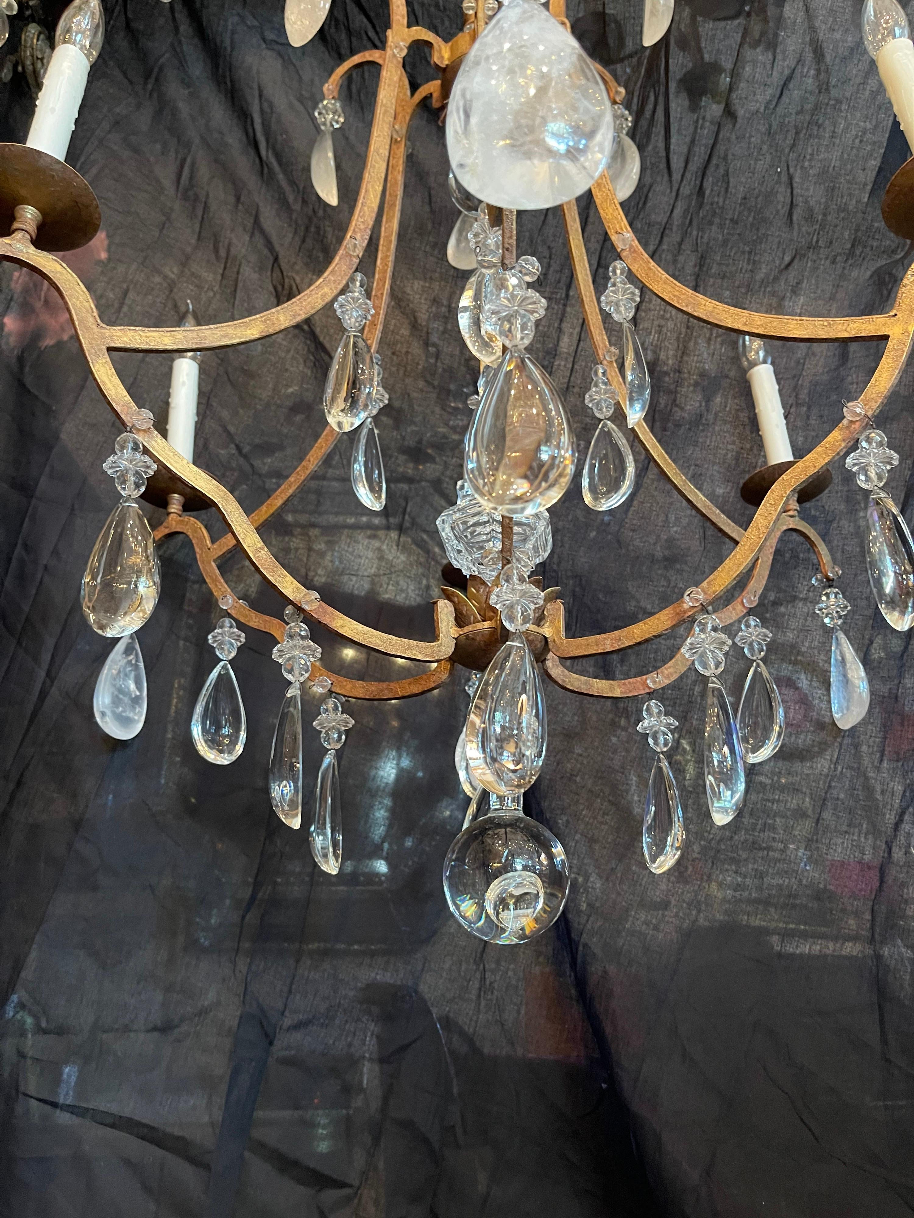 Wonderful Vintage French Gold Gilt Rock Crystal Bagues Jansen Chandelier Fixture In Good Condition For Sale In Roslyn, NY