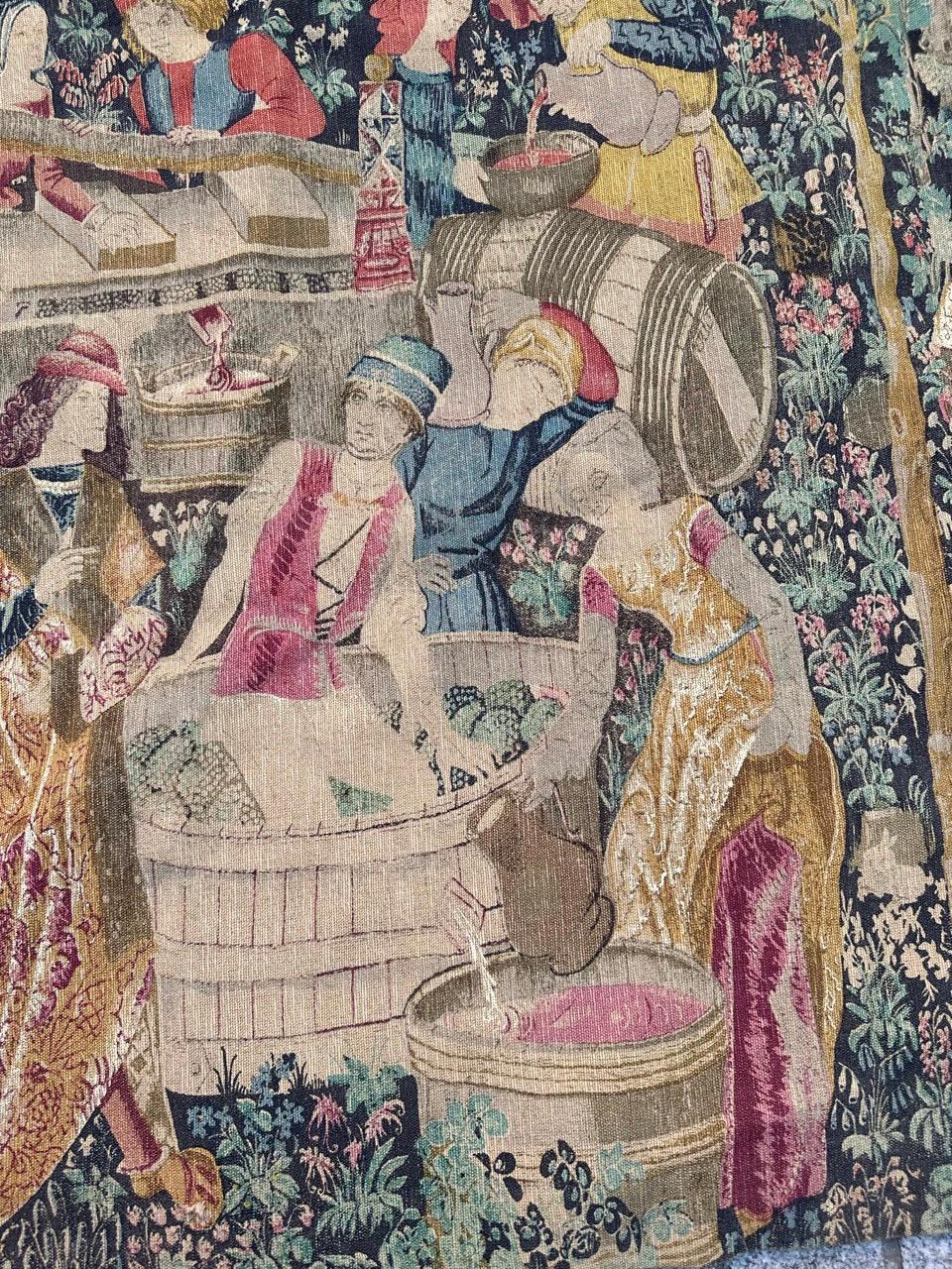 Medieval Bobyrug’s Wonderful Vintage French Hand Printed Tapestry Vendanges Design For Sale