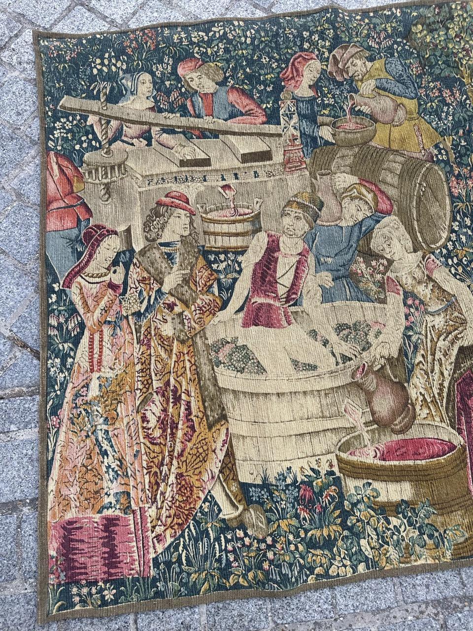 Medieval Bobyrug’s Wonderful Vintage French Hand Printed Tapestry Vendanges Design For Sale