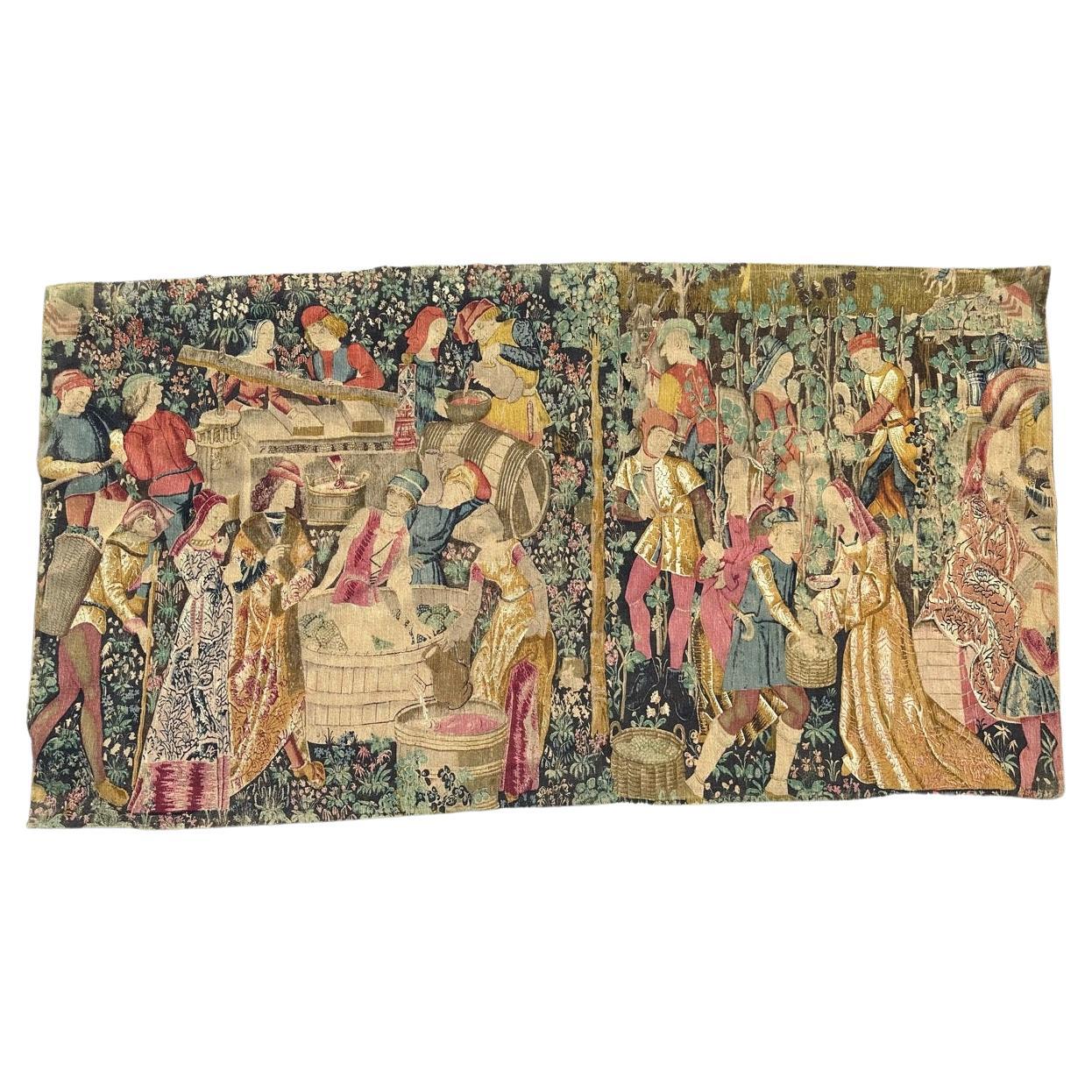 Bobyrug’s Wonderful Vintage French Hand Printed Tapestry Vendanges Design For Sale