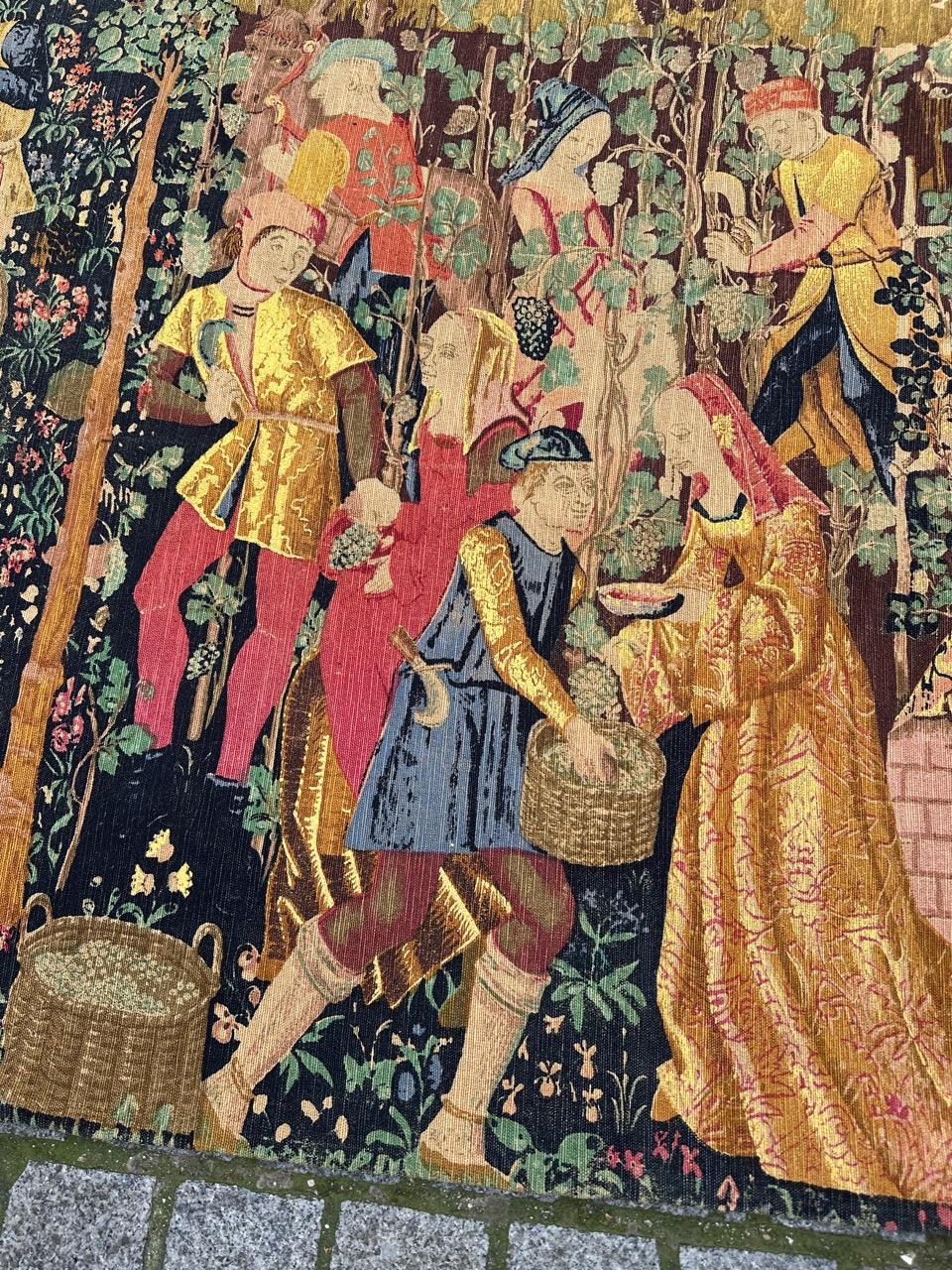 Discover the elegance of this mid-century French hand-printed tapestry featuring the exquisite design of the renowned medieval museum tapestry, 