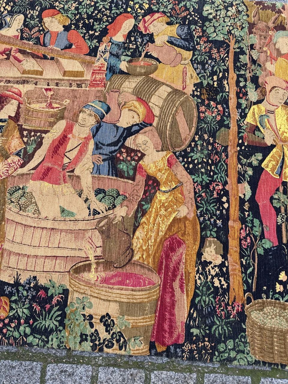 Hand-Painted Wonderful Vintage French Hand Printed Tapestry “Vendanges” For Sale