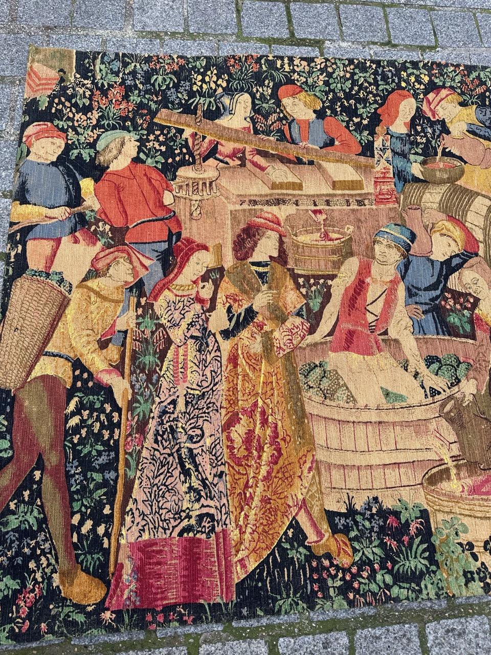 20th Century Wonderful Vintage French Hand Printed Tapestry “Vendanges” For Sale