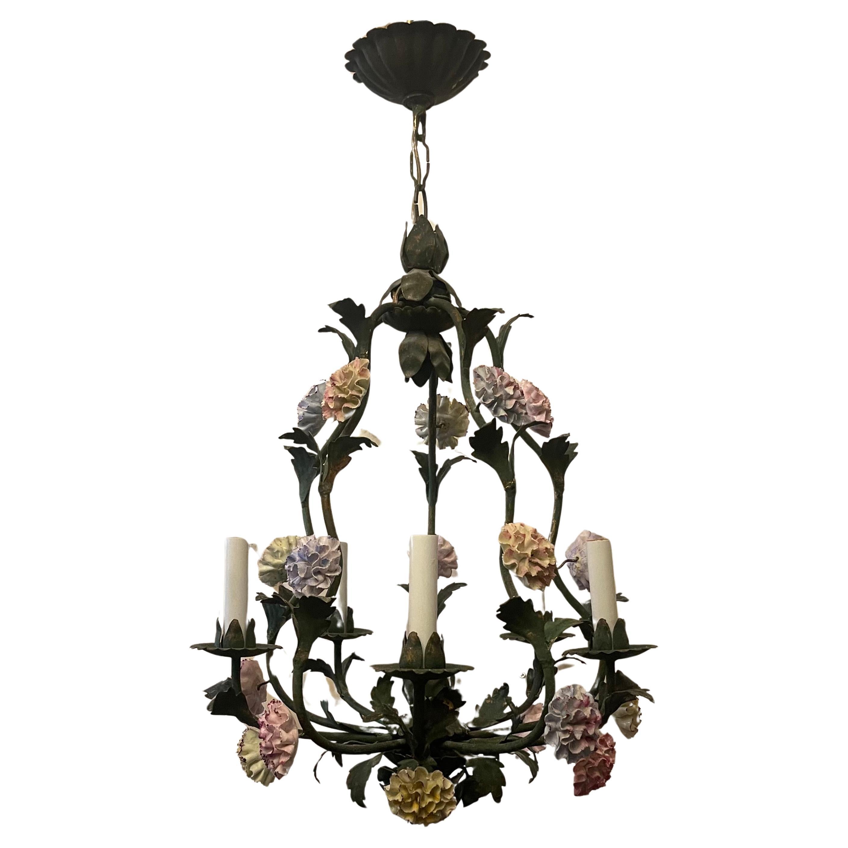 A Wonderful Vintage French Louis XVI Style Belle Époque Green Tole With Multi Color Porcelain Flower 6 Candelabra Light Chandelier, This Beautiful Fixture Comes With Chain Canopy And Mounting Hardware.