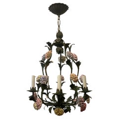 Wonderful Vintage French Louis XVI Tole Porcelain Flower Chandelier Fixture