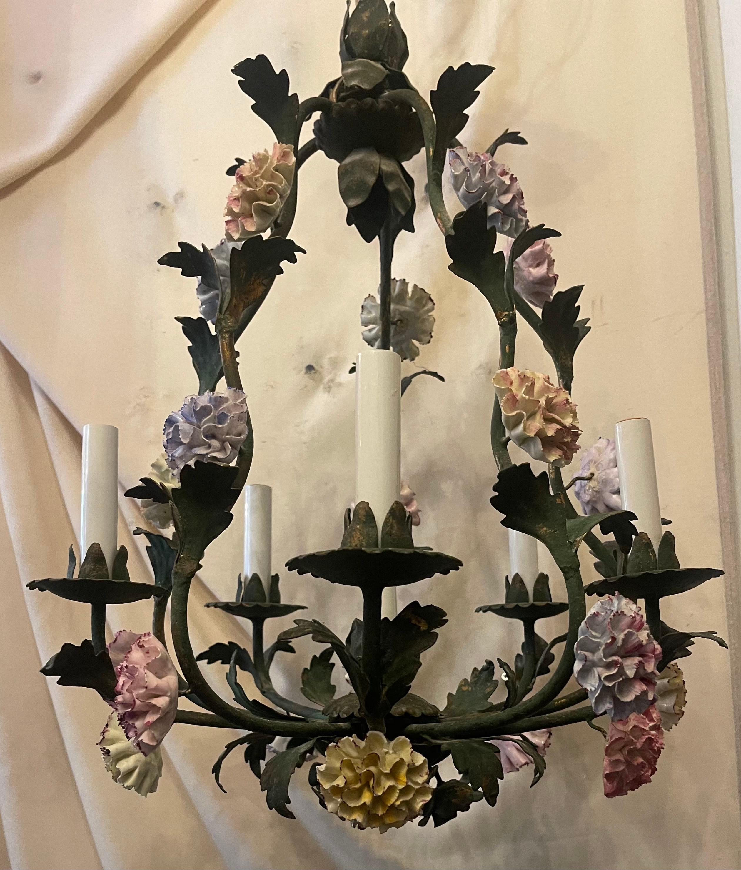 Painted Wonderful Vintage French Louis XVI Tole Porcelain Flower Chandelier Fixture For Sale