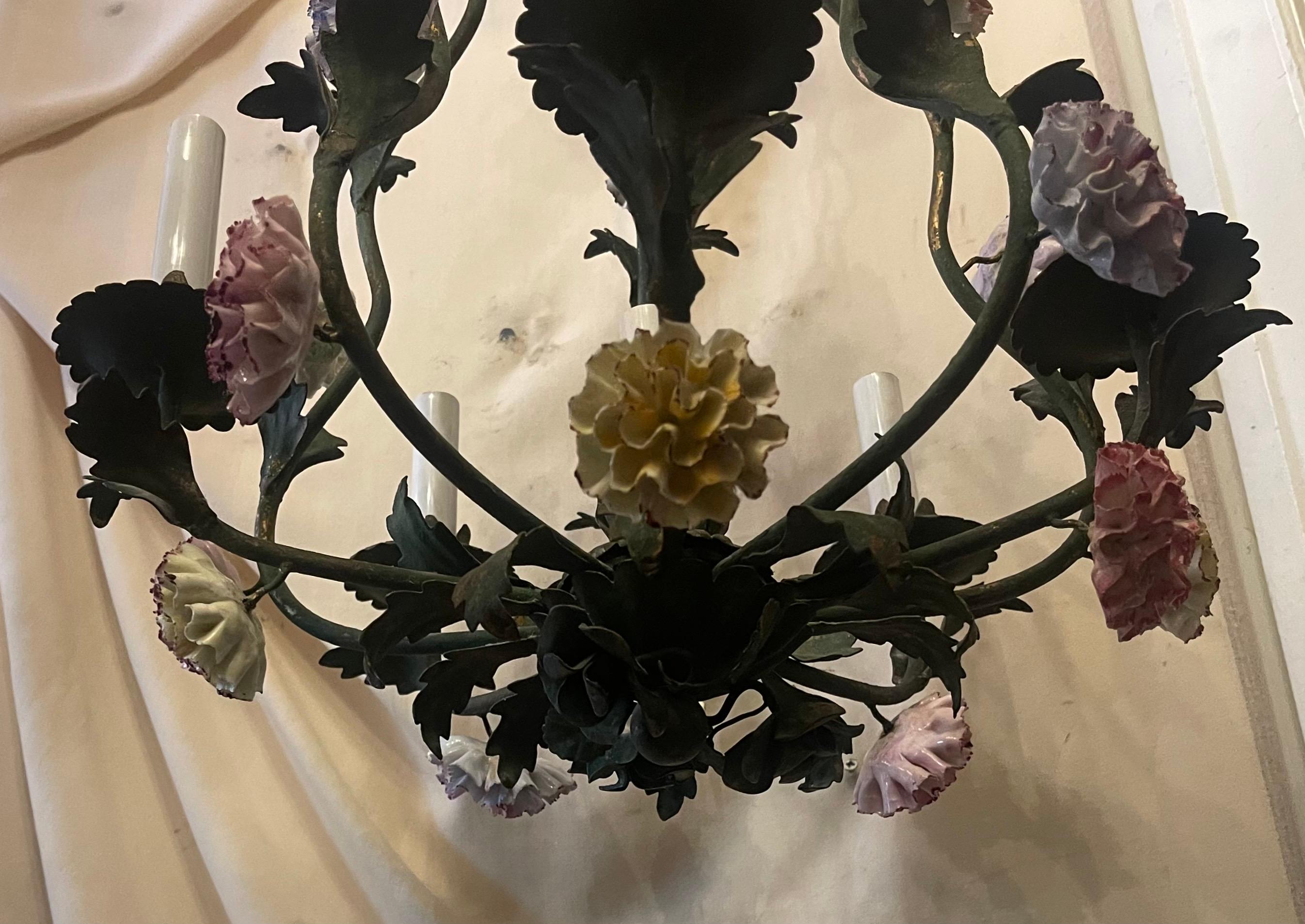 Wonderful Vintage French Louis XVI Tole Porcelain Flower Chandelier Fixture In Good Condition For Sale In Roslyn, NY