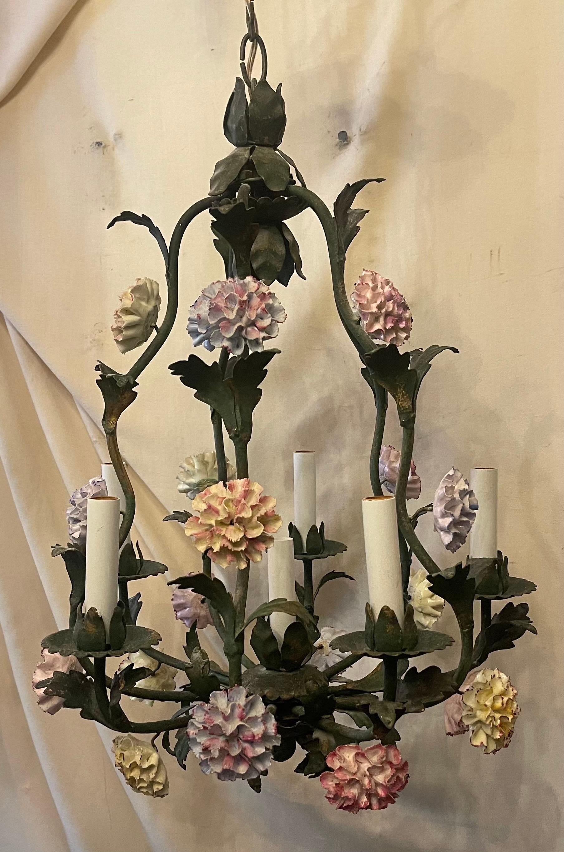 20th Century Wonderful Vintage French Louis XVI Tole Porcelain Flower Chandelier Fixture For Sale