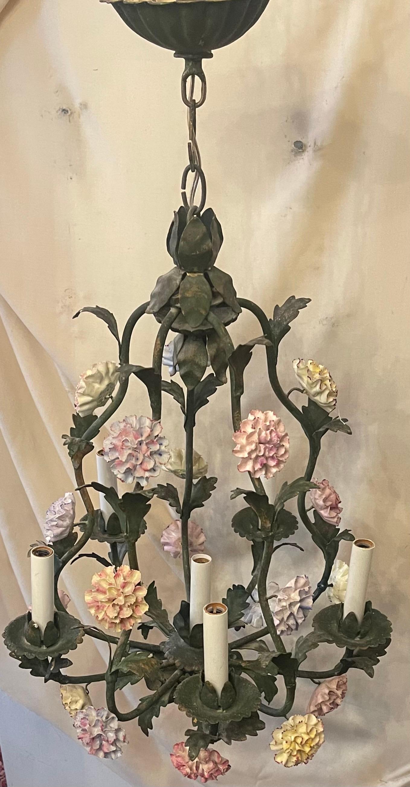 Wonderful Vintage French Louis XVI Tole Porcelain Flower Chandelier Fixture For Sale 1