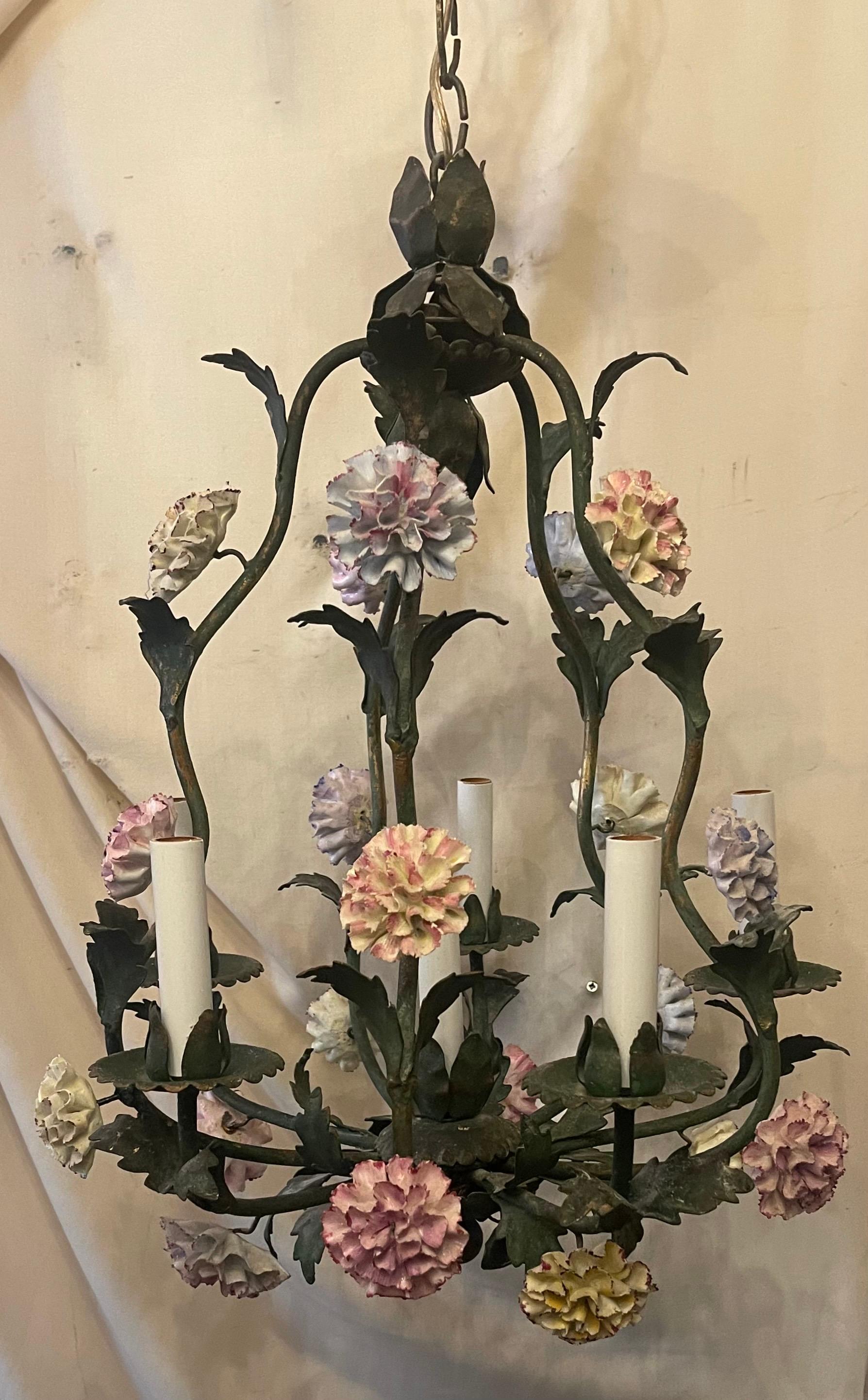 Wonderful Vintage French Louis XVI Tole Porcelain Flower Chandelier Fixture For Sale 2