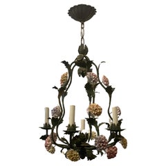 Wonderful Vintage French Louis XVI Tole Porcelain Flower Chandelier Fixture