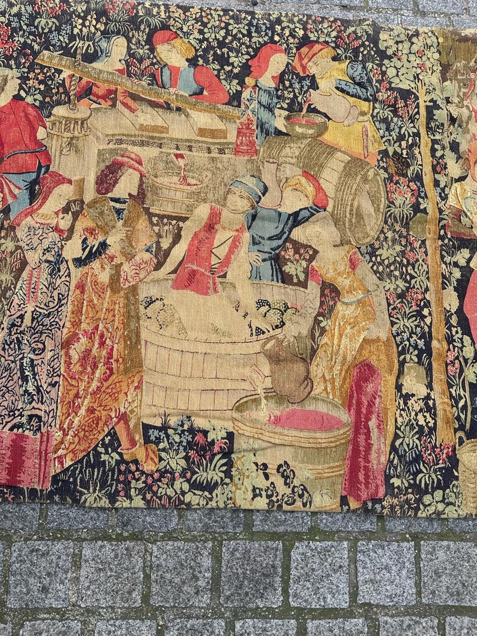 Medieval Wonderful Vintage French screen printed by hand Tapestry Vendanges museum Design For Sale
