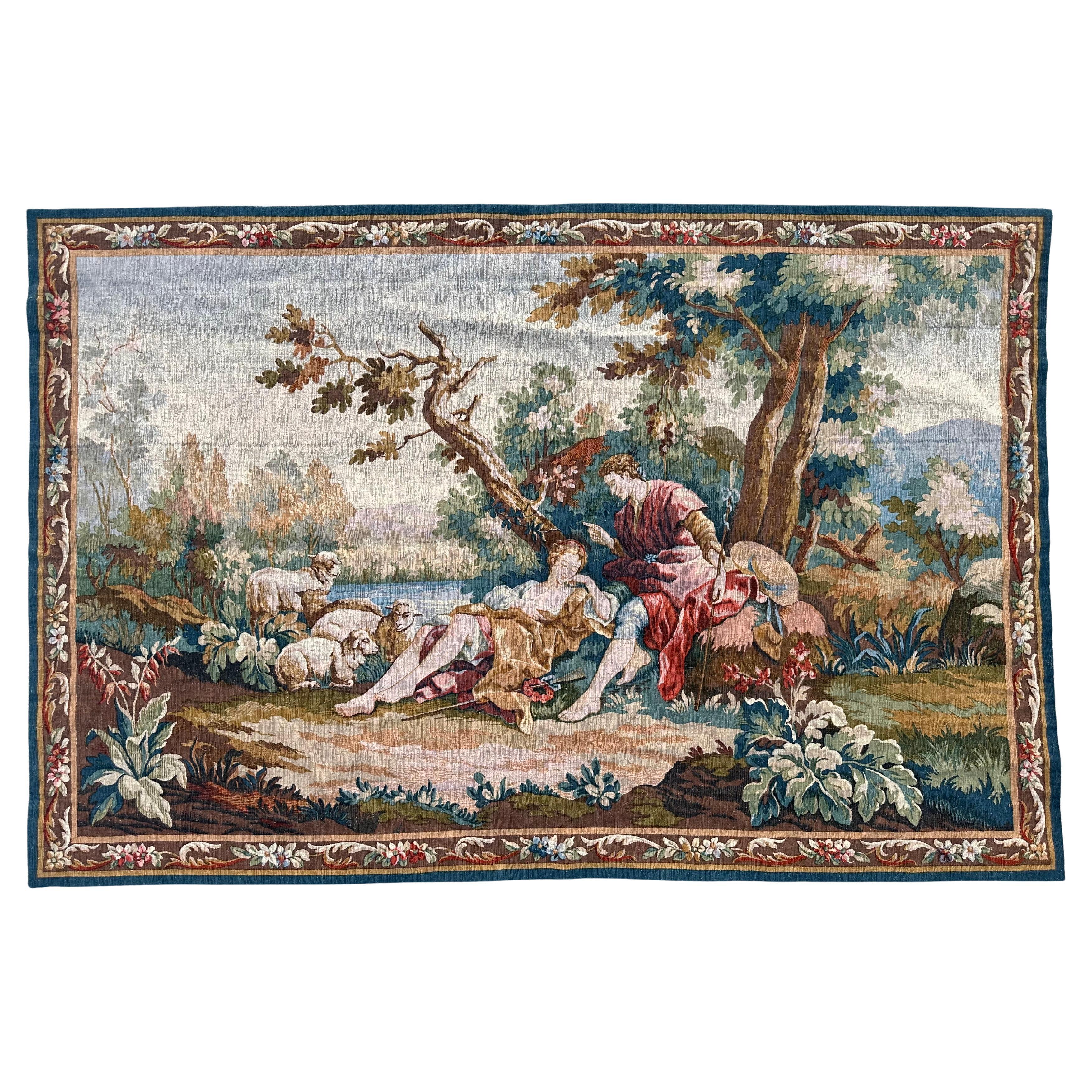 Wunderschöner französischer Siebdruck-Wandteppich im Vintage-Stil von Hand.  " Idylle " im Angebot