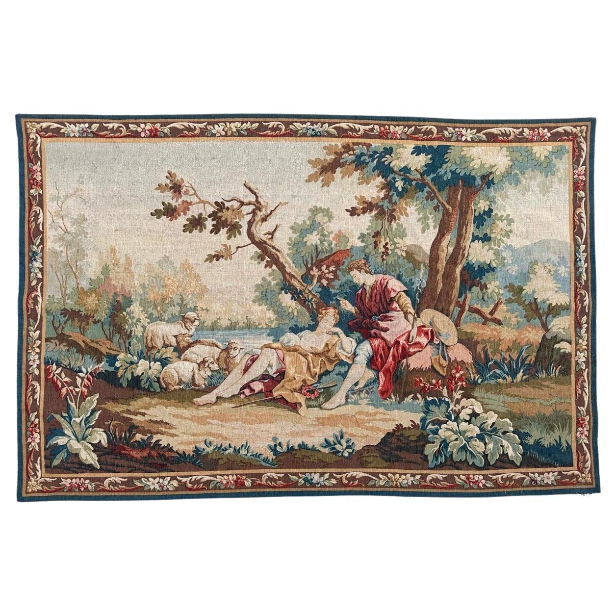 Wunderschöner französischer Siebdruck-Wandteppich im Vintage-Stil von Hand.  " Idylle " im Angebot