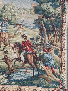 Wonderful Vintage French screen printed tapestry «hunting with hounds»