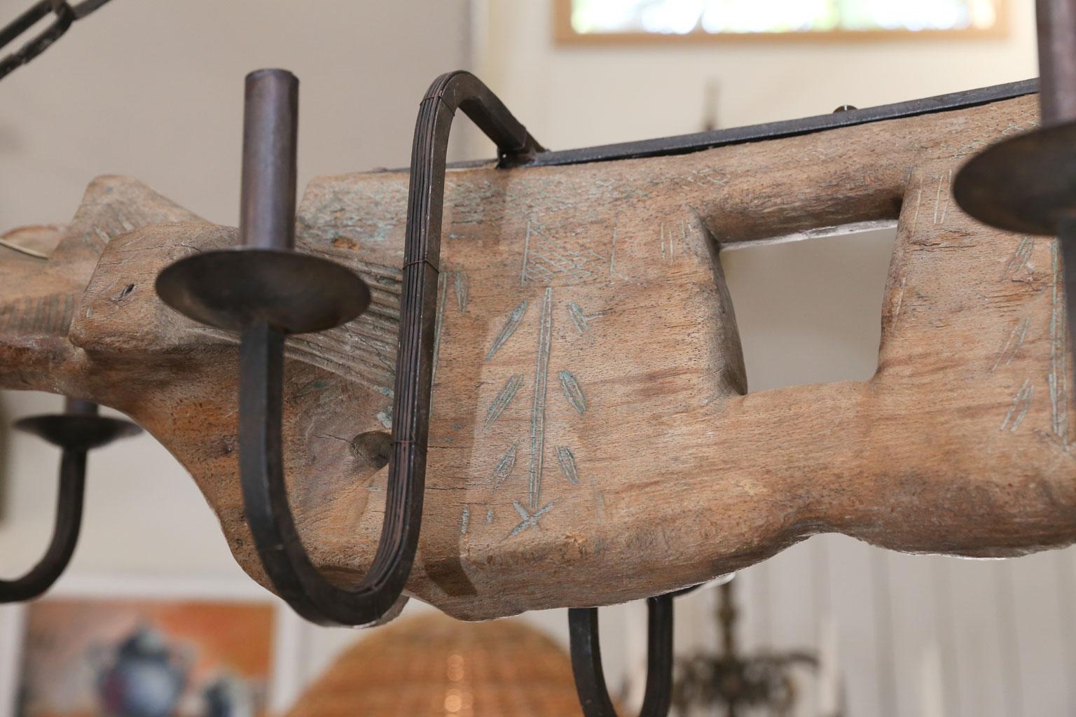 Unusual  French Yoke Chandelier hand-carved wood and iron billard light 2