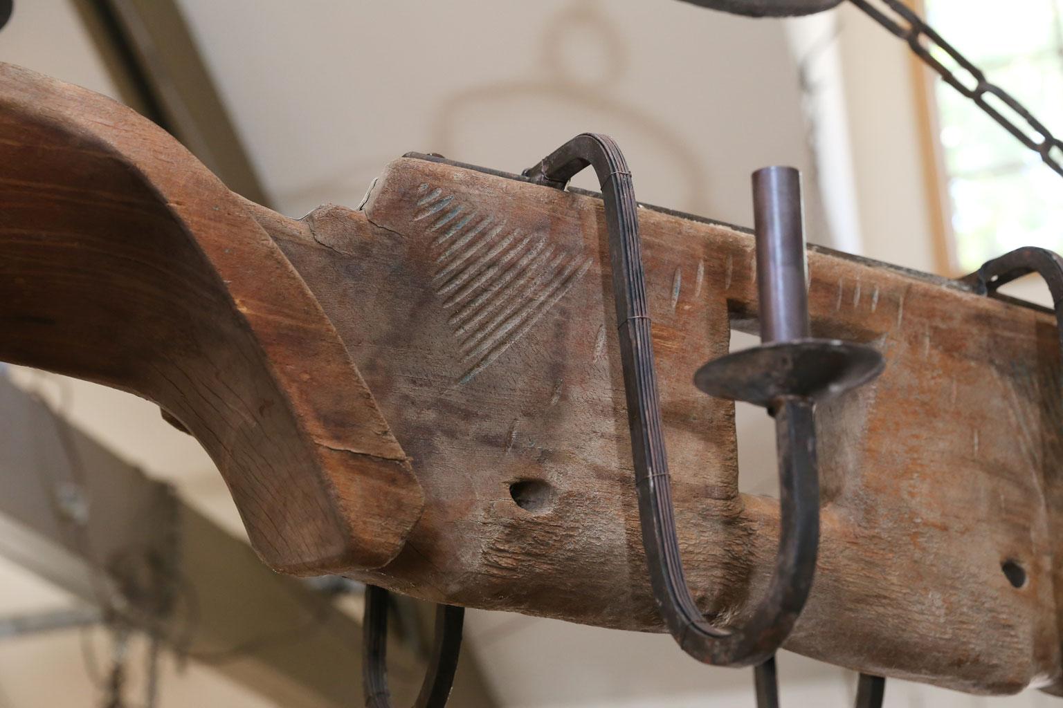 Unusual  French Yoke Chandelier hand-carved wood and iron billard light 5