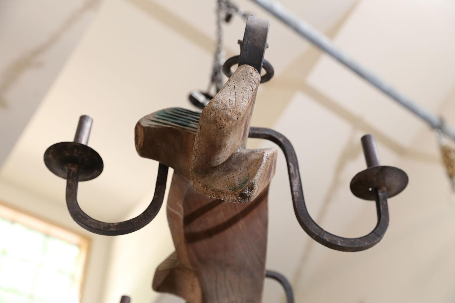 Unusual  French Yoke Chandelier hand-carved wood and iron billard light 9