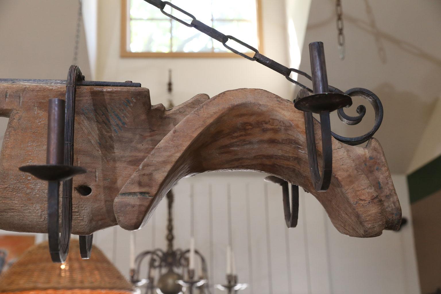 Unusual  French Yoke Chandelier hand-carved wood and iron billard light 10