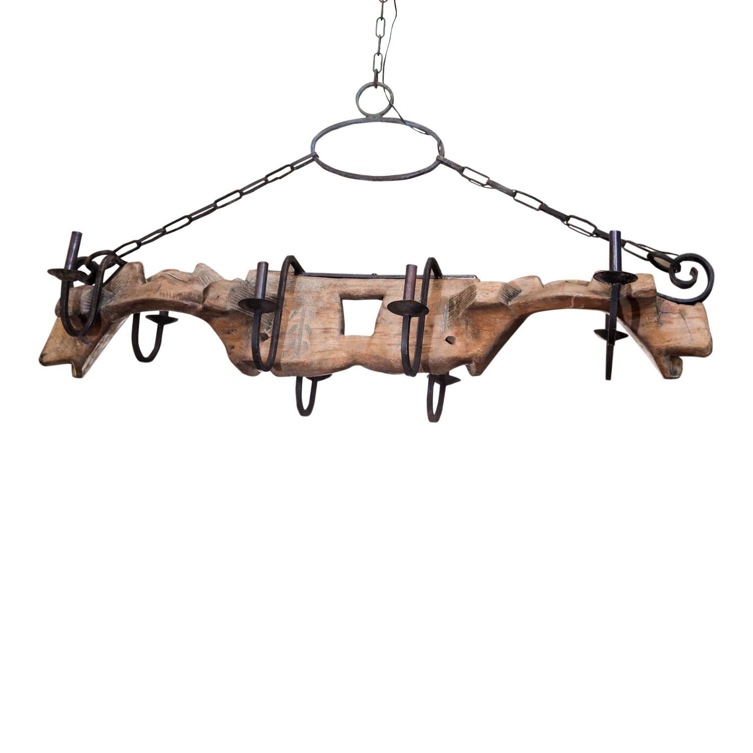 Hand-Carved Unusual  French Yoke Chandelier hand-carved wood and iron billard light