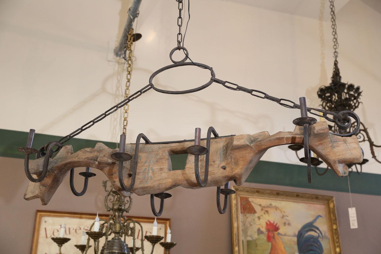 Unusual  French Yoke Chandelier hand-carved wood and iron billard light In Good Condition In Houston, TX