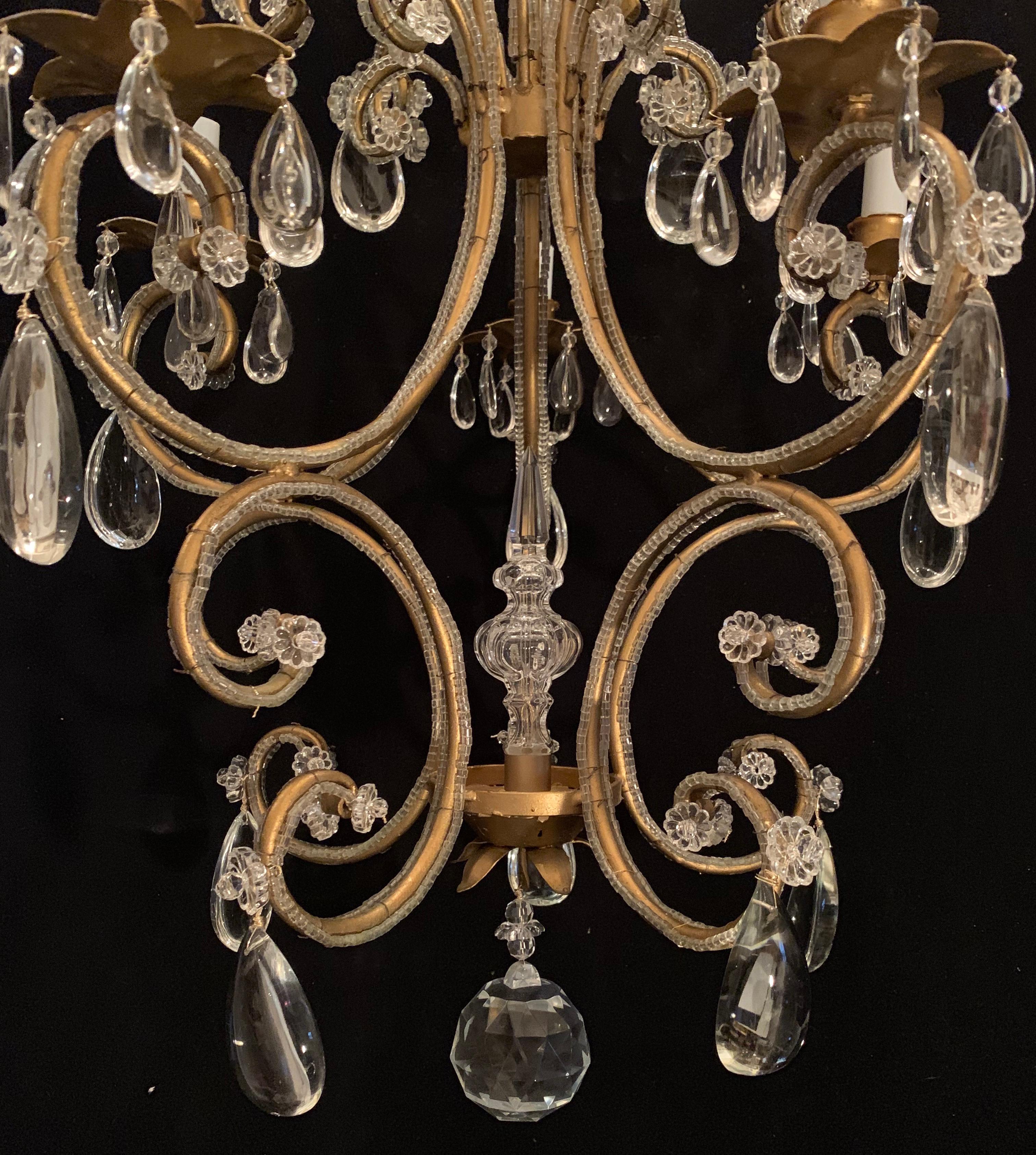 Italian Wonderful Vintage Gold Gilt Beaded Crystal Bagues Chandelier 5-Light Fixture