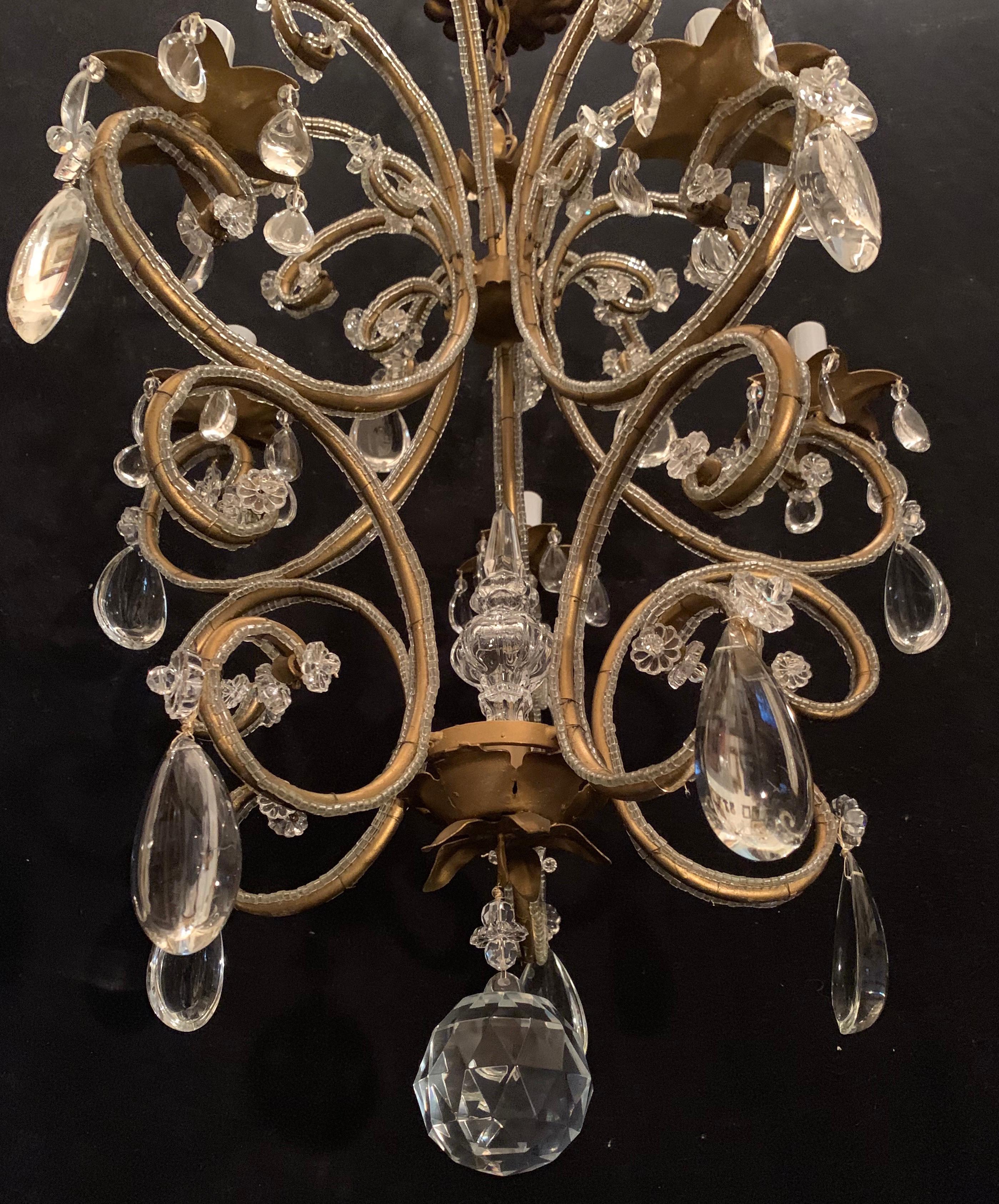 Wonderful Vintage Gold Gilt Beaded Crystal Bagues Chandelier 5-Light Fixture In Good Condition In Roslyn, NY