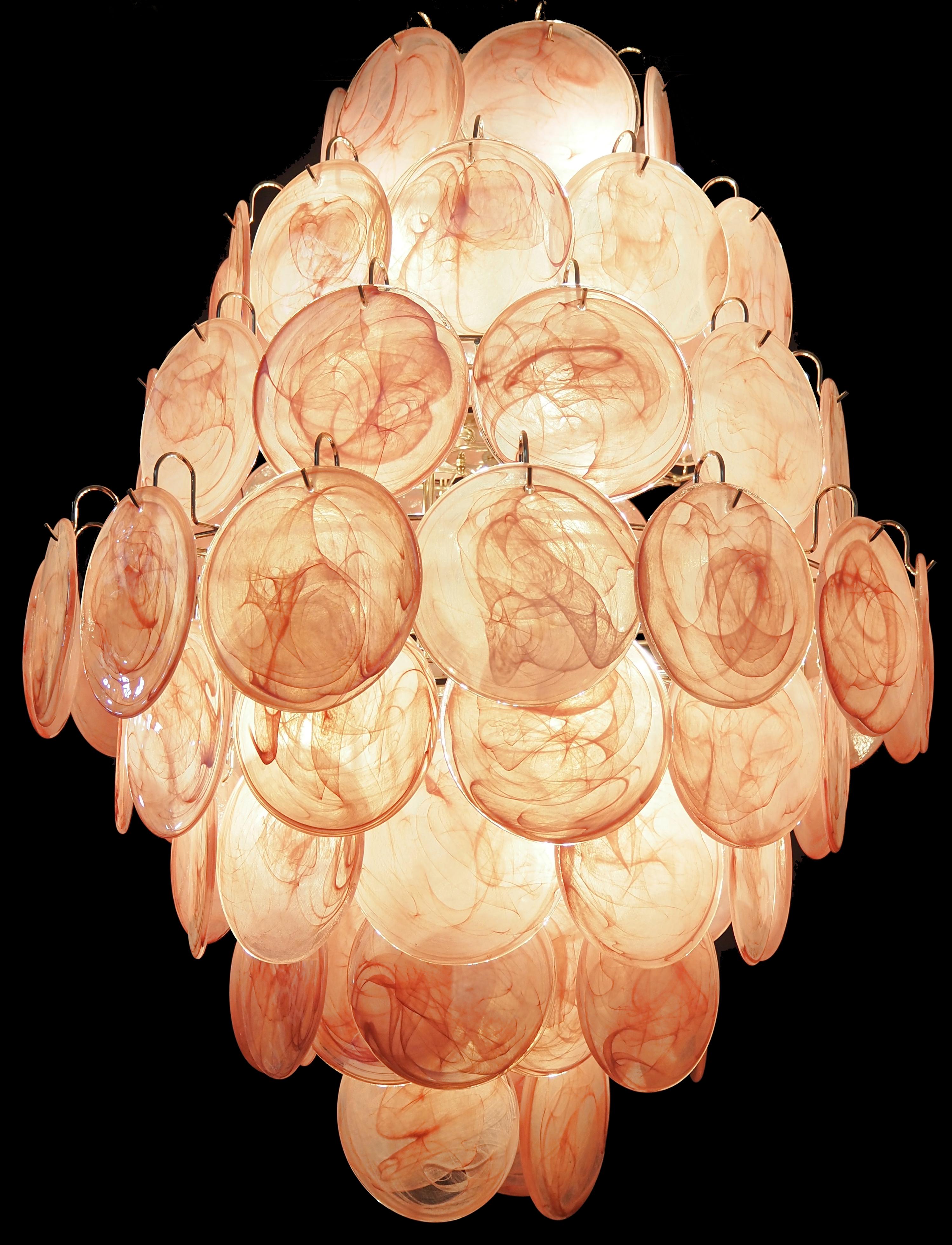 Wonderful Vintage Italian Murano chandeliers - 87 pink alabaster disks For Sale 1