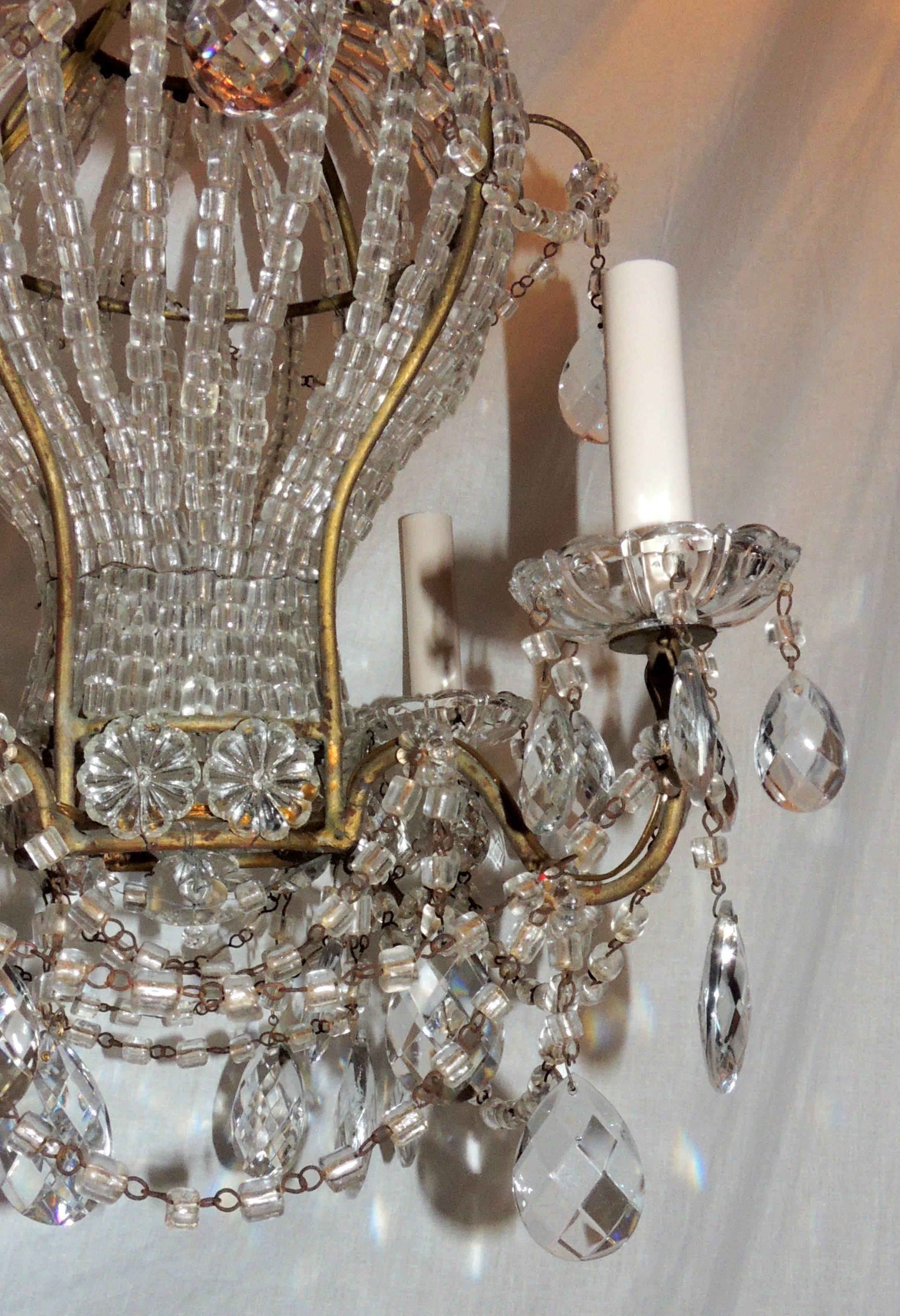 Wonderful Vintage Italy Gilt Beaded Crystal Hot Air Balloon Chandelier Fixture In Good Condition In Roslyn, NY