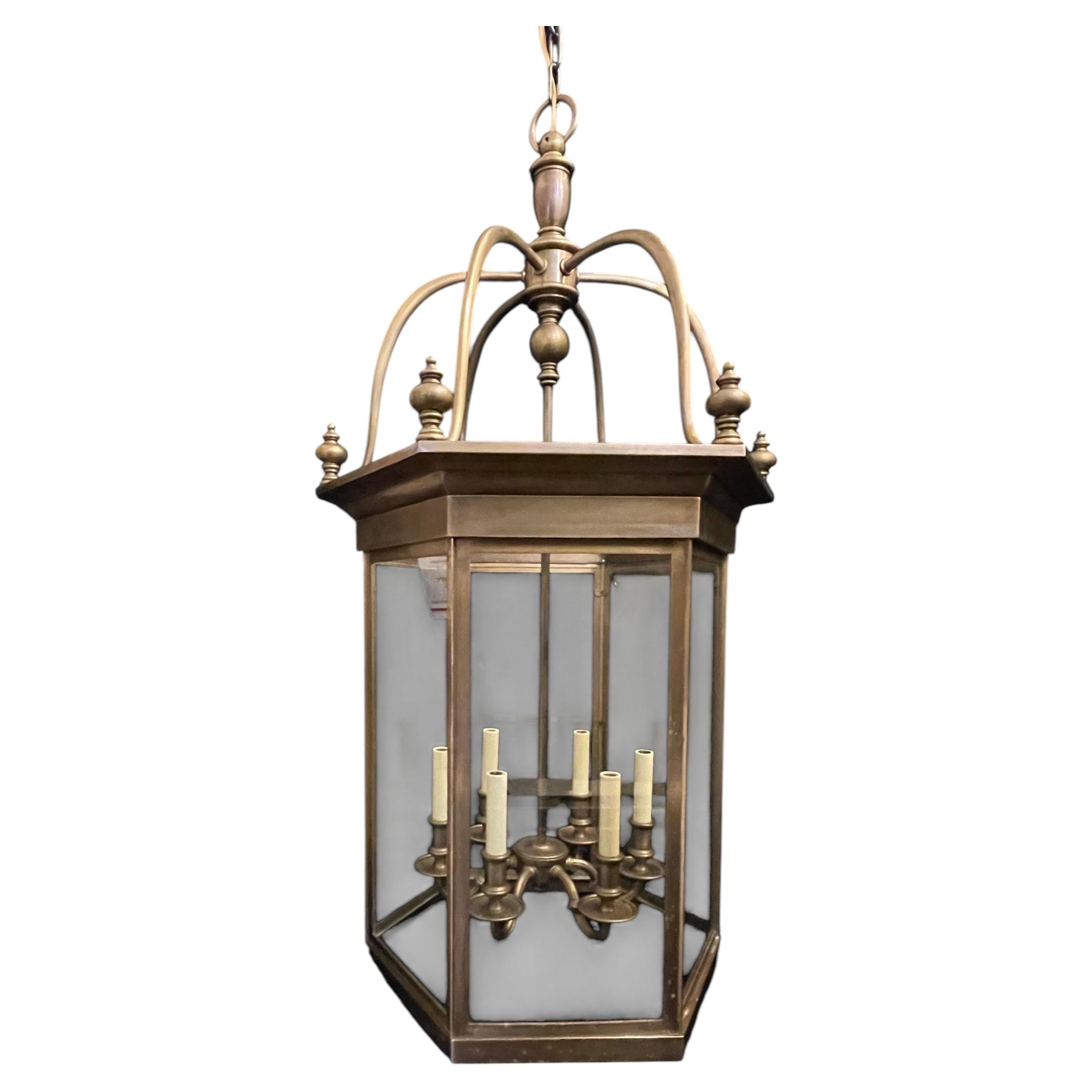 Wonderful Vintage Large Brass Bronze Glass Edwardian Hexagon Lantern Fixture