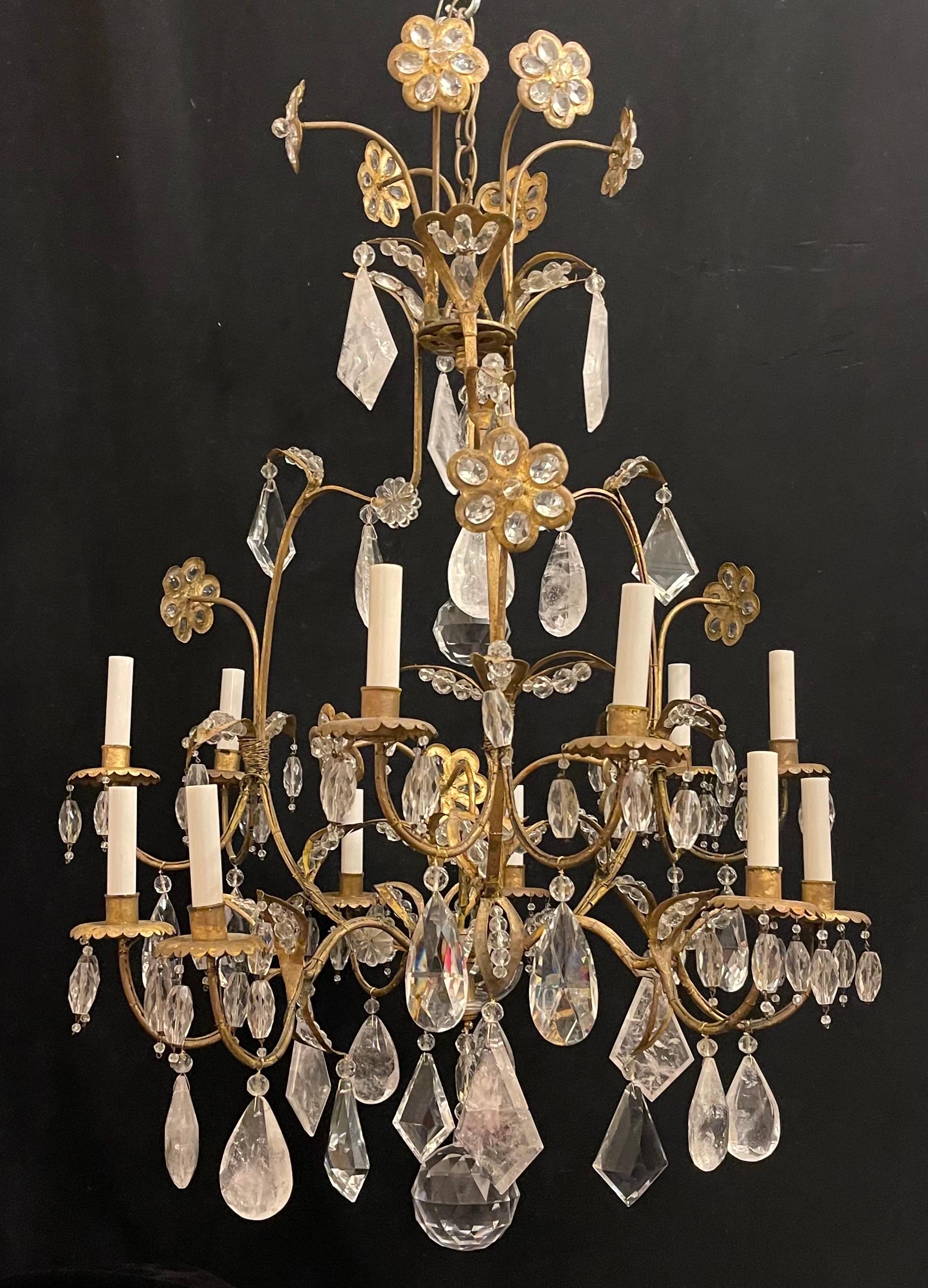 A Wonderful Large Vintage Maison Bagues Rock Crystal Flower / Bird Cage Form 12 Candelabra Light Chandelier 