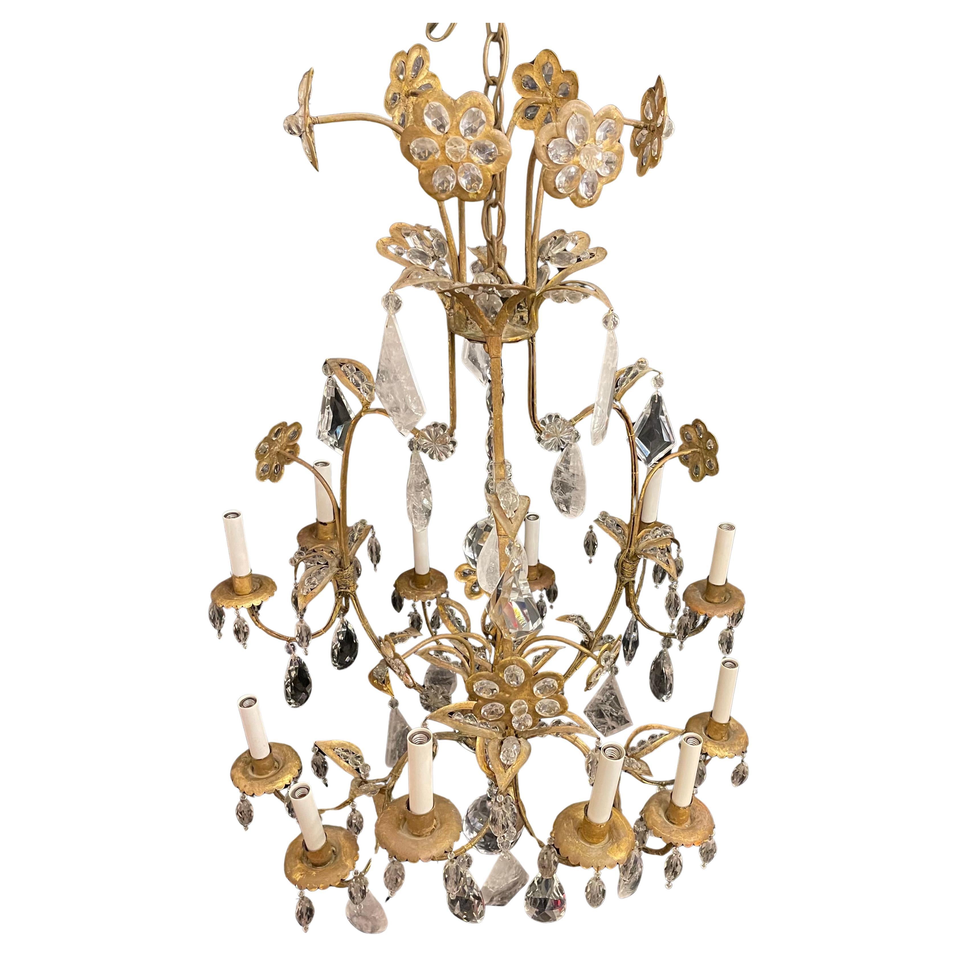 French Wonderful Vintage Maison Bagues Rock Crystal Flower Bird Cage Form Chandelier For Sale