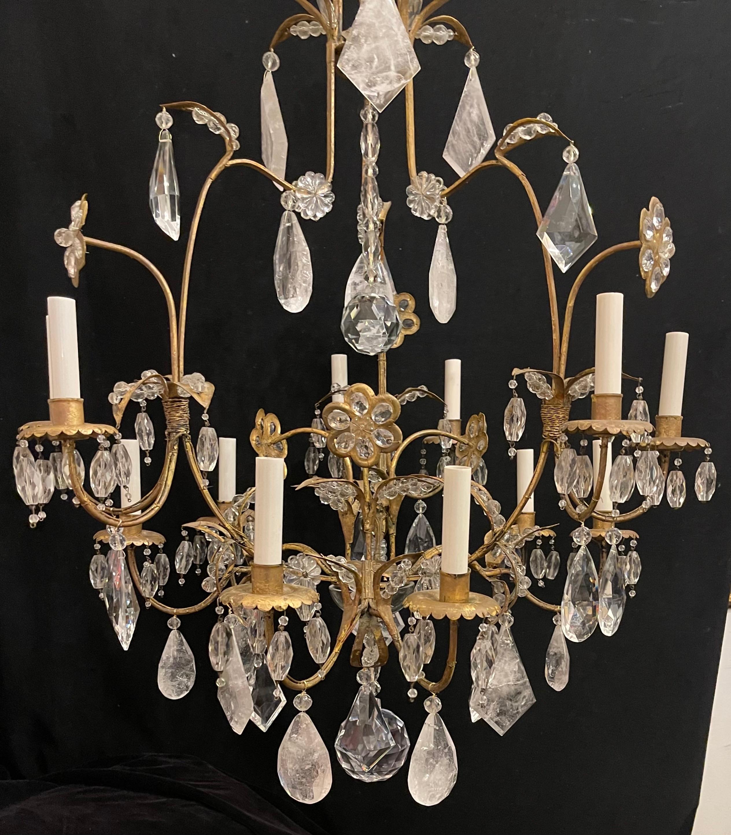 Gilt Wonderful Vintage Maison Bagues Rock Crystal Flower Bird Cage Form Chandelier For Sale