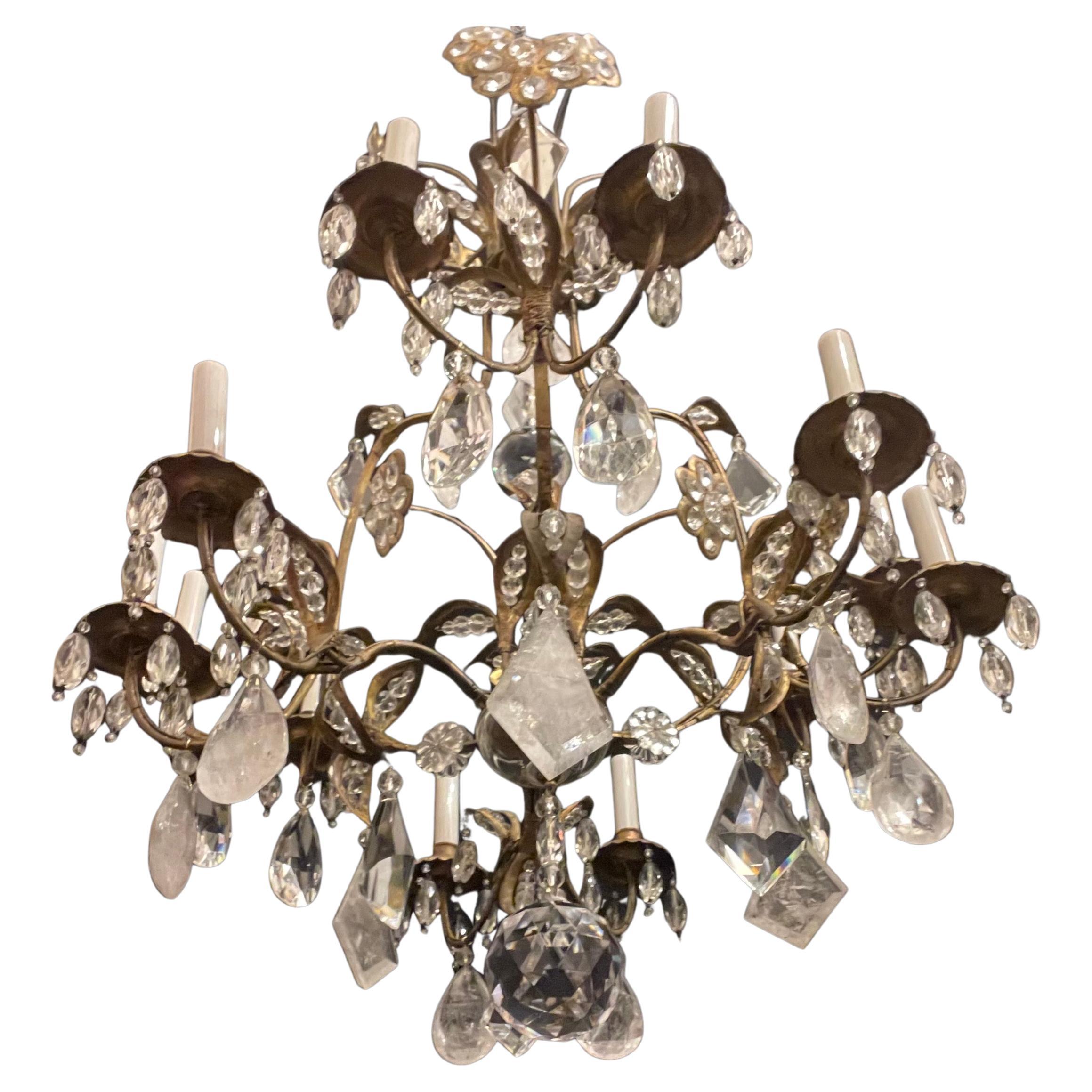 Wonderful Vintage Maison Bagues Rock Crystal Flower Bird Cage Form Chandelier In Good Condition For Sale In Roslyn, NY