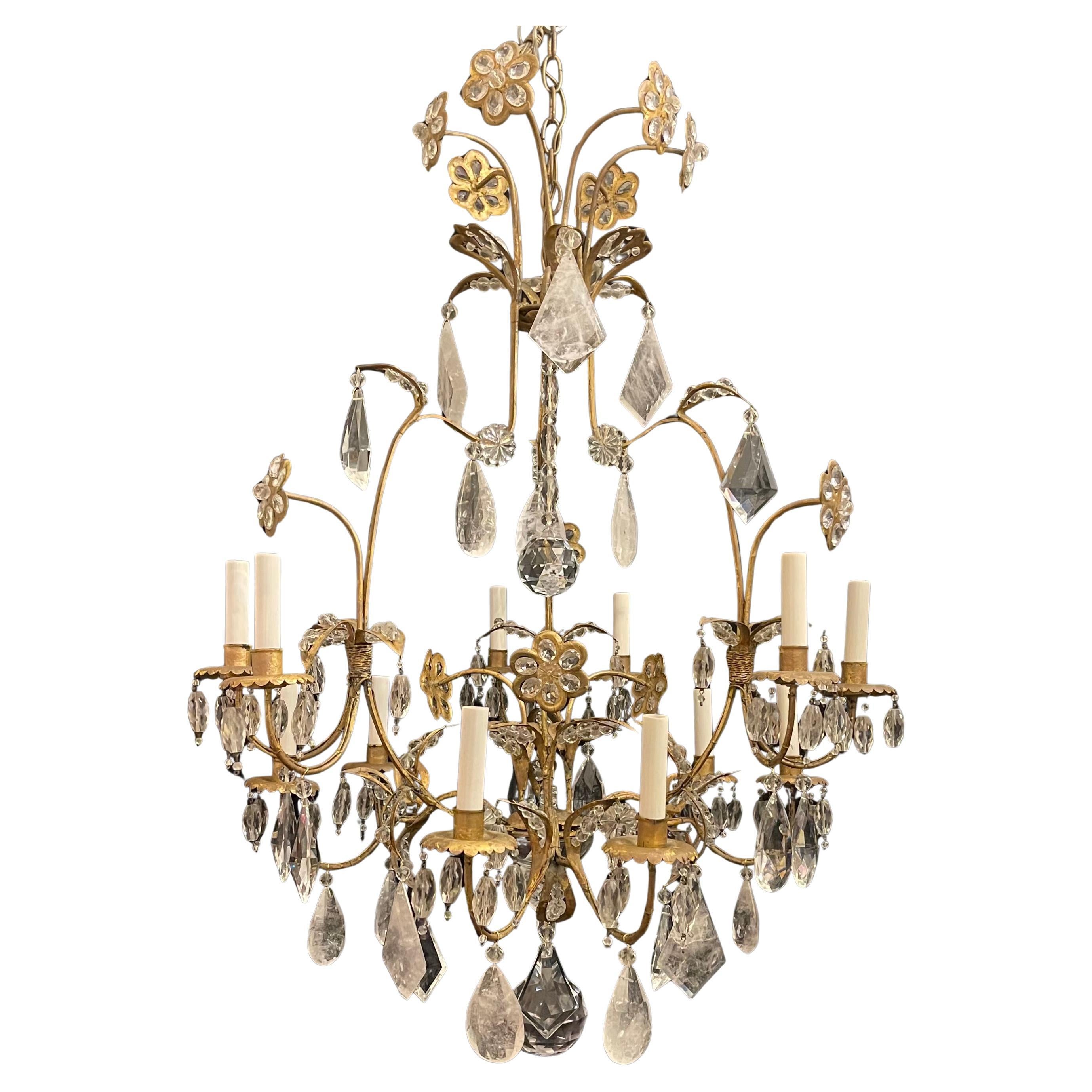 Wonderful Vintage Maison Bagues Rock Crystal Flower Bird Cage Form Chandelier For Sale