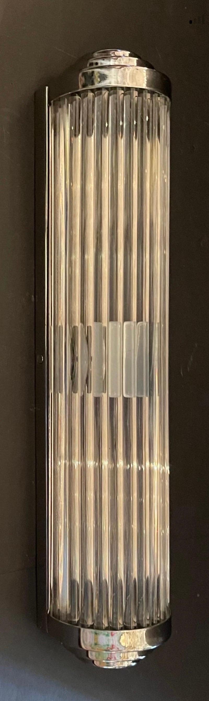 Polished Wonderful Vintage Nickel Glass Rod Art Deco Skyscraper Theater Cinema 8 Sconces For Sale